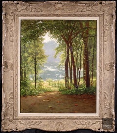 Nenuphars sur un lac - Realist Oil, Lake and Trees in Landscape by Henri Biva