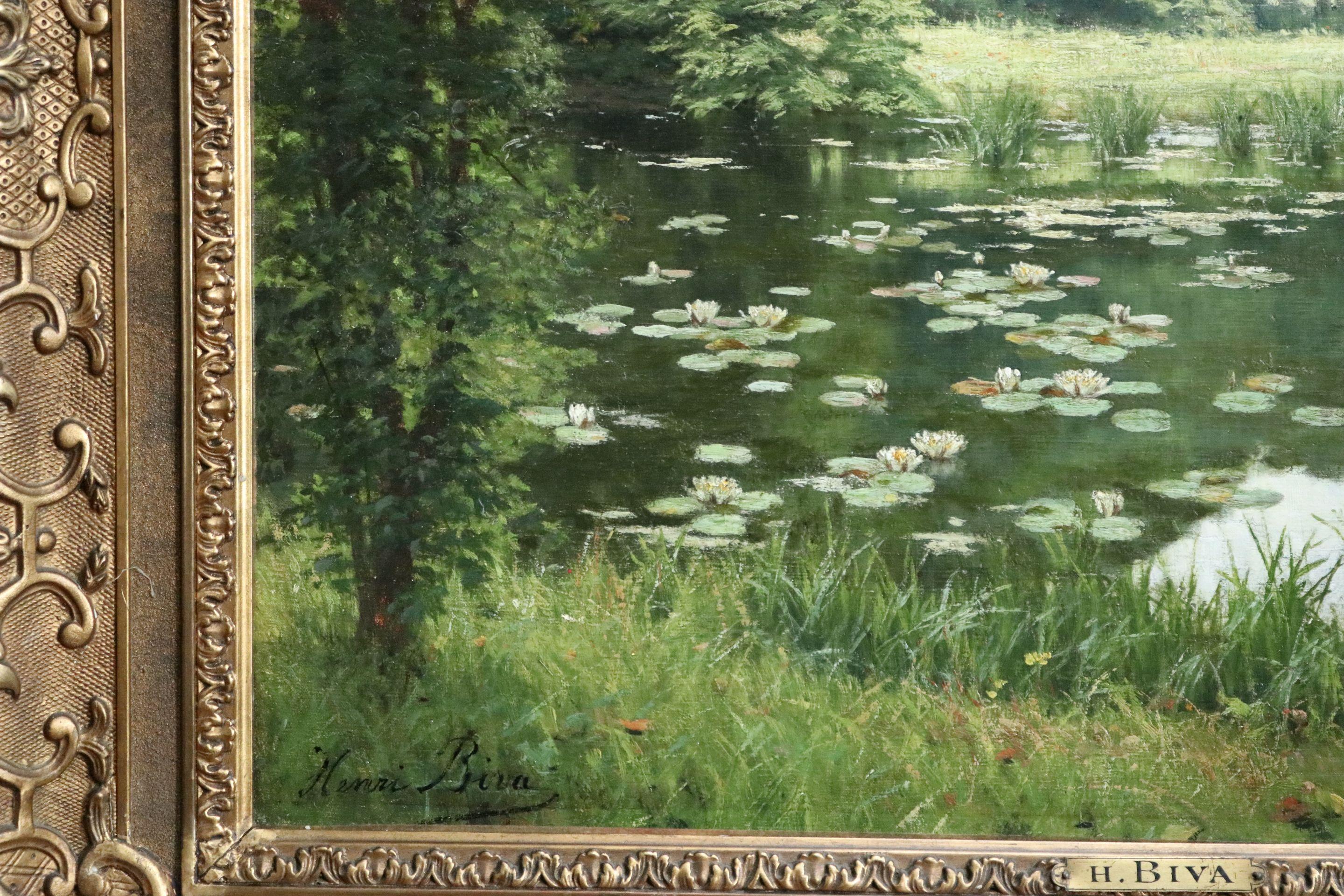 Oil on canvas by Henri Biva depicting waterlilies on a pond in a picturesque landscape. Signed lower left. Framed dimensions are 31 inches high by 36 inches wide.

Henri Biva studied under Alexandre Nozal and Léon Tanzi (1846-1913); and in 1896, he