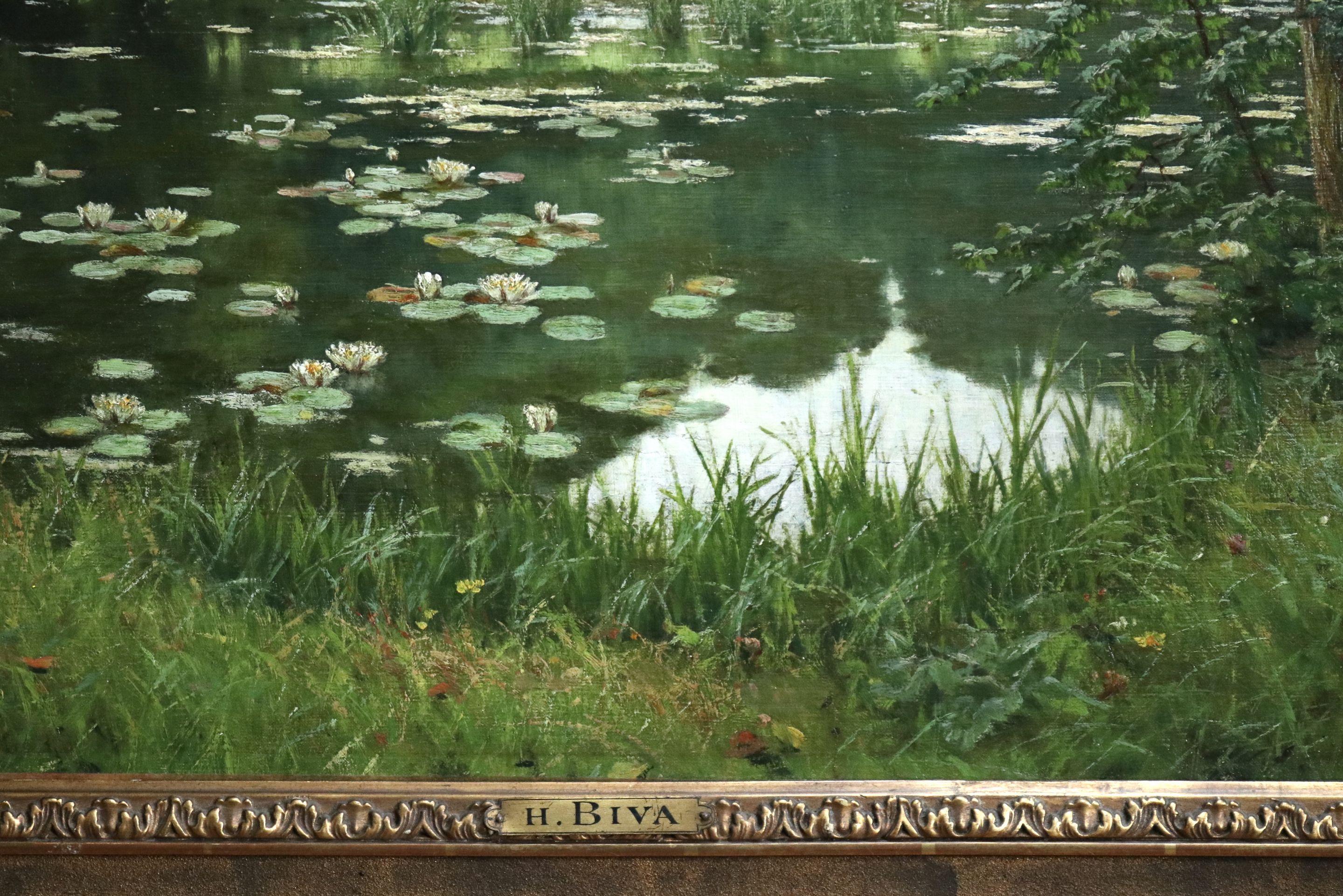 Nympheas - 19th Century Oil, Waterlilies in Pond in Landscape by Henri Biva 1