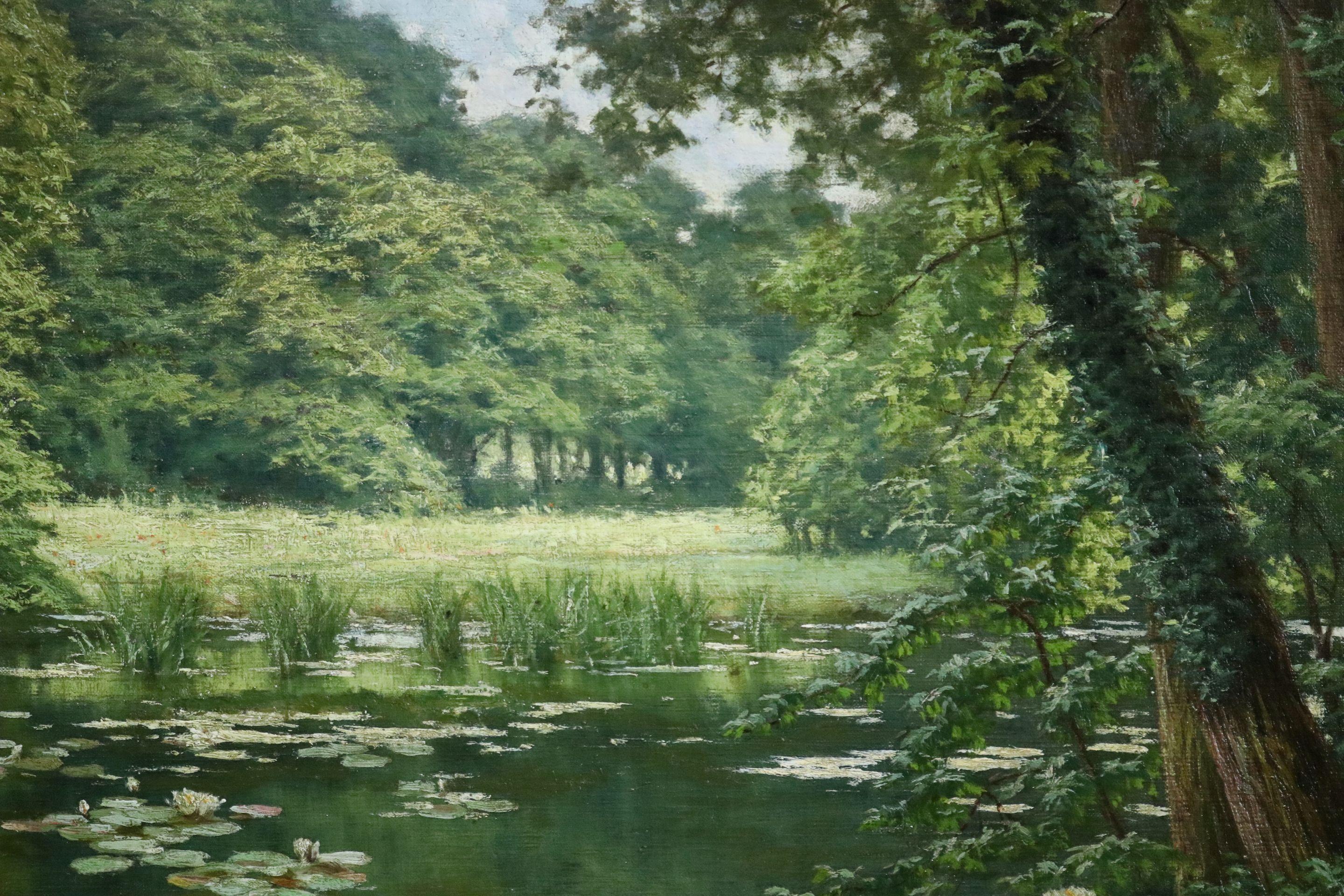 Nympheas - 19th Century Oil, Waterlilies in Pond in Landscape by Henri Biva 2