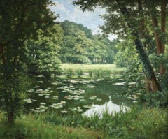 Nympheas - 19th Century Oil, Waterlilies in Pond in Landscape by Henri Biva