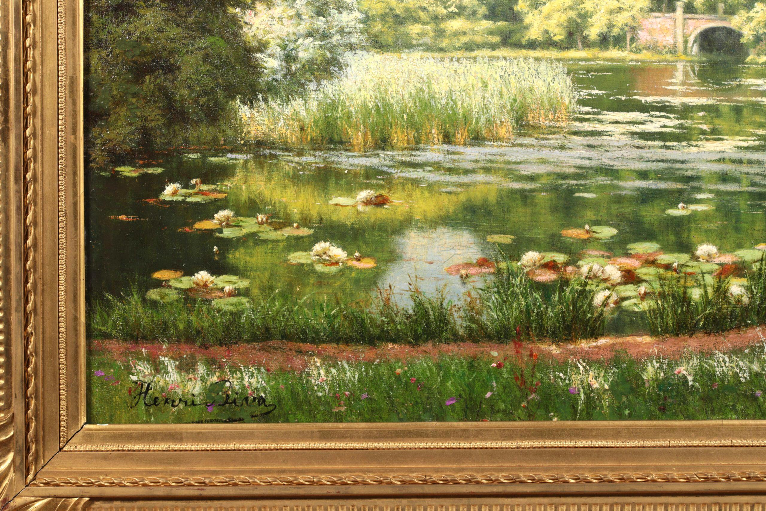 Villeneuve - l'etang - Ninfee - Paesaggio realista dipinto a olio da Henri Biva 9