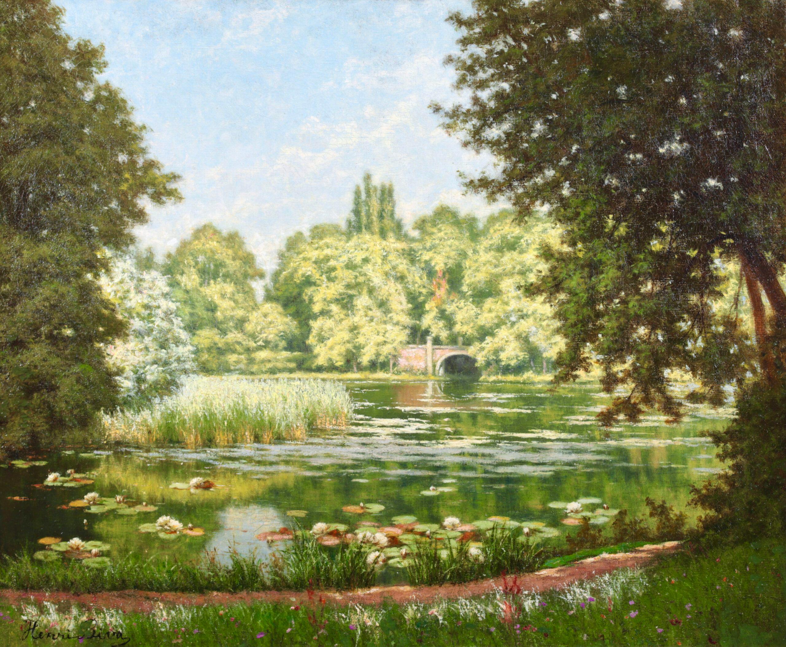 Villeneuve - l'etang - Ninfee - Paesaggio realista dipinto a olio da Henri Biva 1