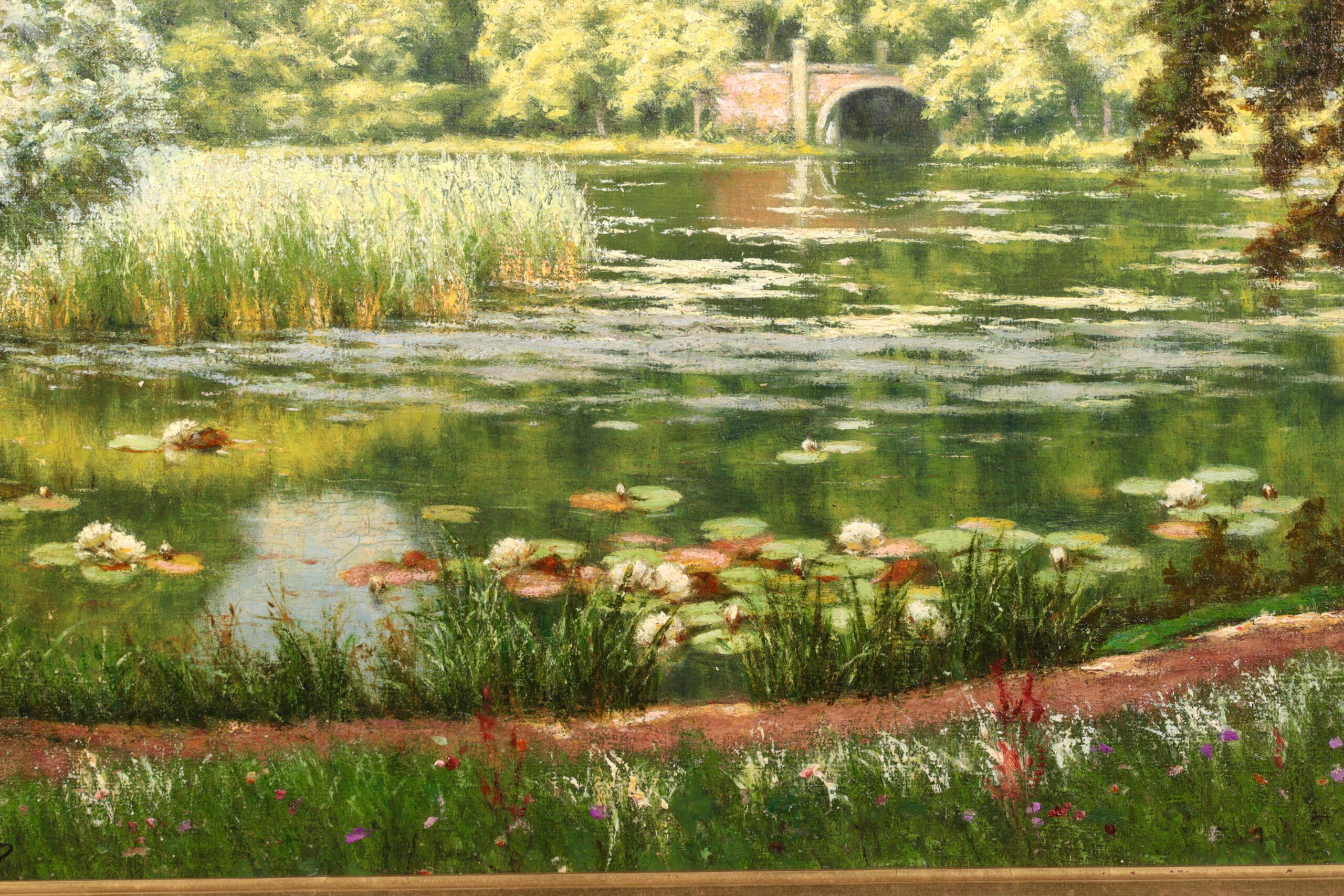 Villeneuve - l'etang - Ninfee - Paesaggio realista dipinto a olio da Henri Biva 6
