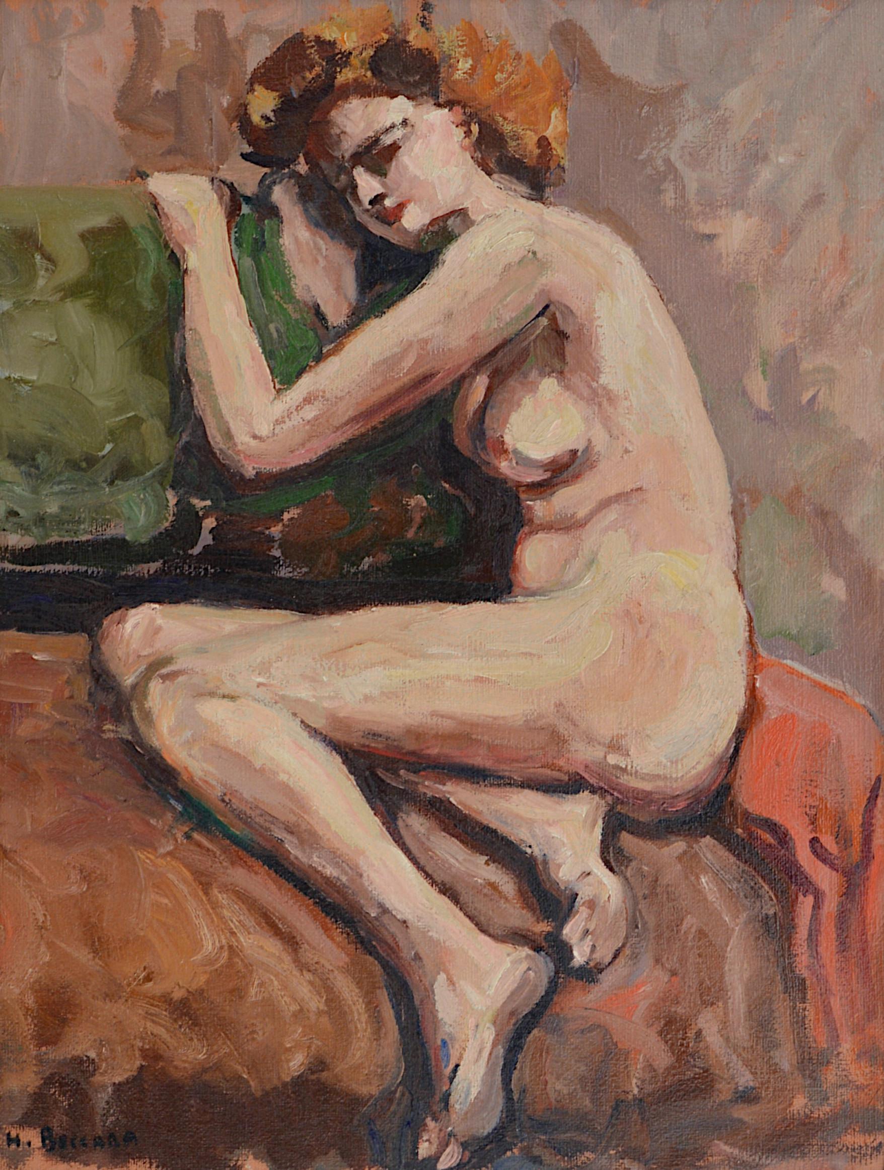 Henri BOCCARA, Nude on the sofa, Oil on cardboard - Painting by Henri Boccara