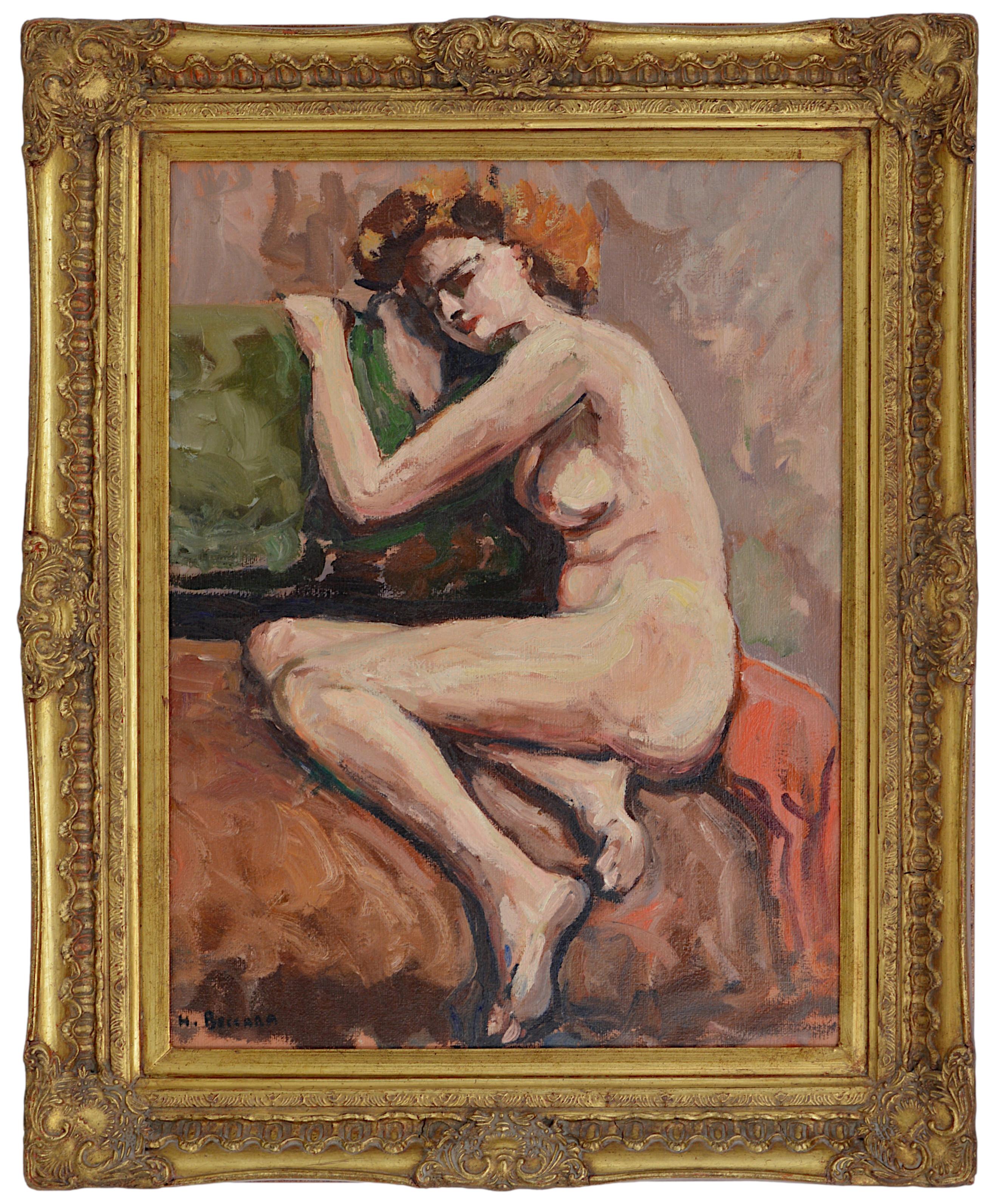 Henri Boccara Figurative Painting - Henri BOCCARA, Nude on the sofa, Oil on cardboard