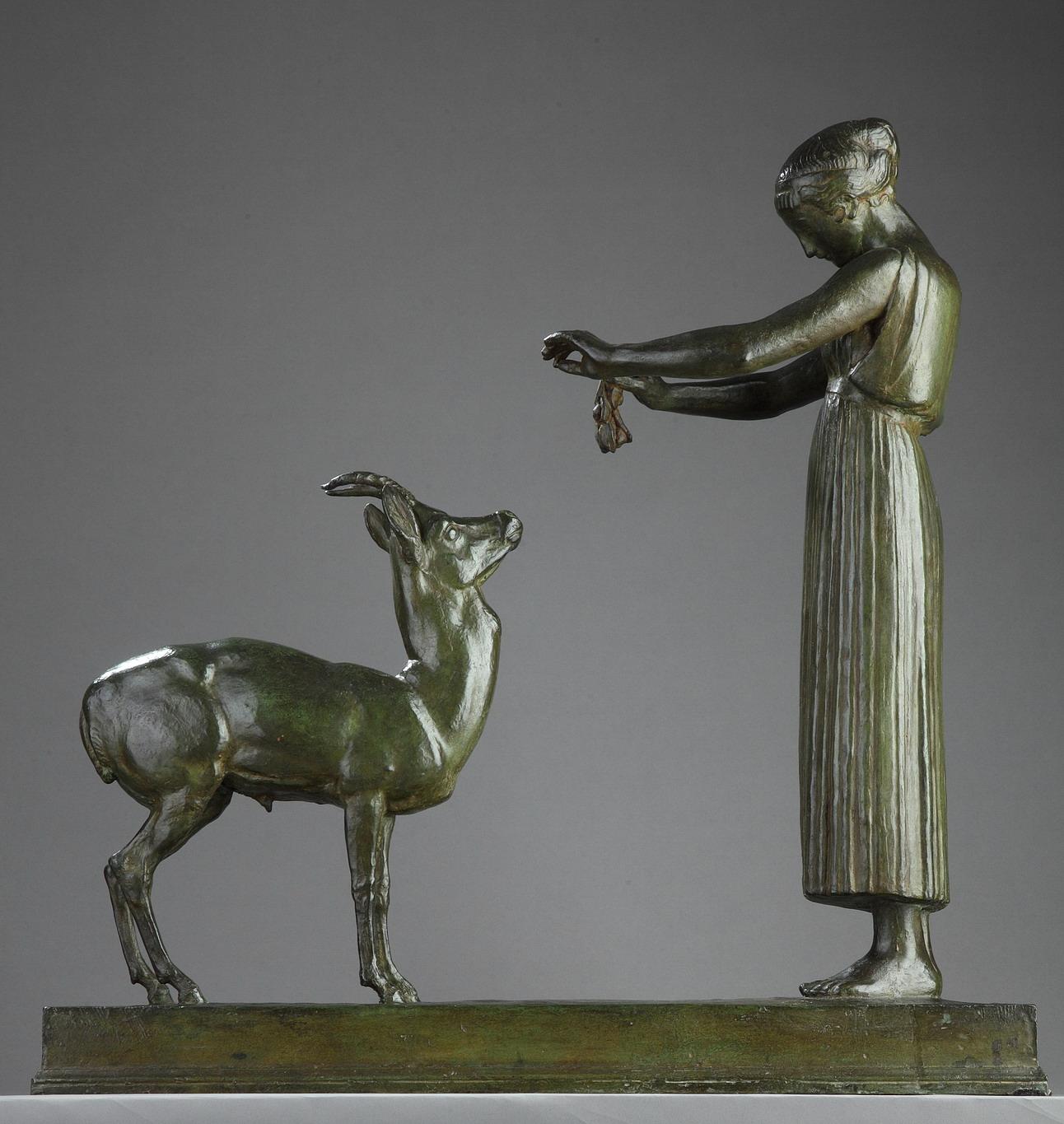 Woman and Gazelle, bronze sculpture - Art Deco Sculpture by Henri Bouchard