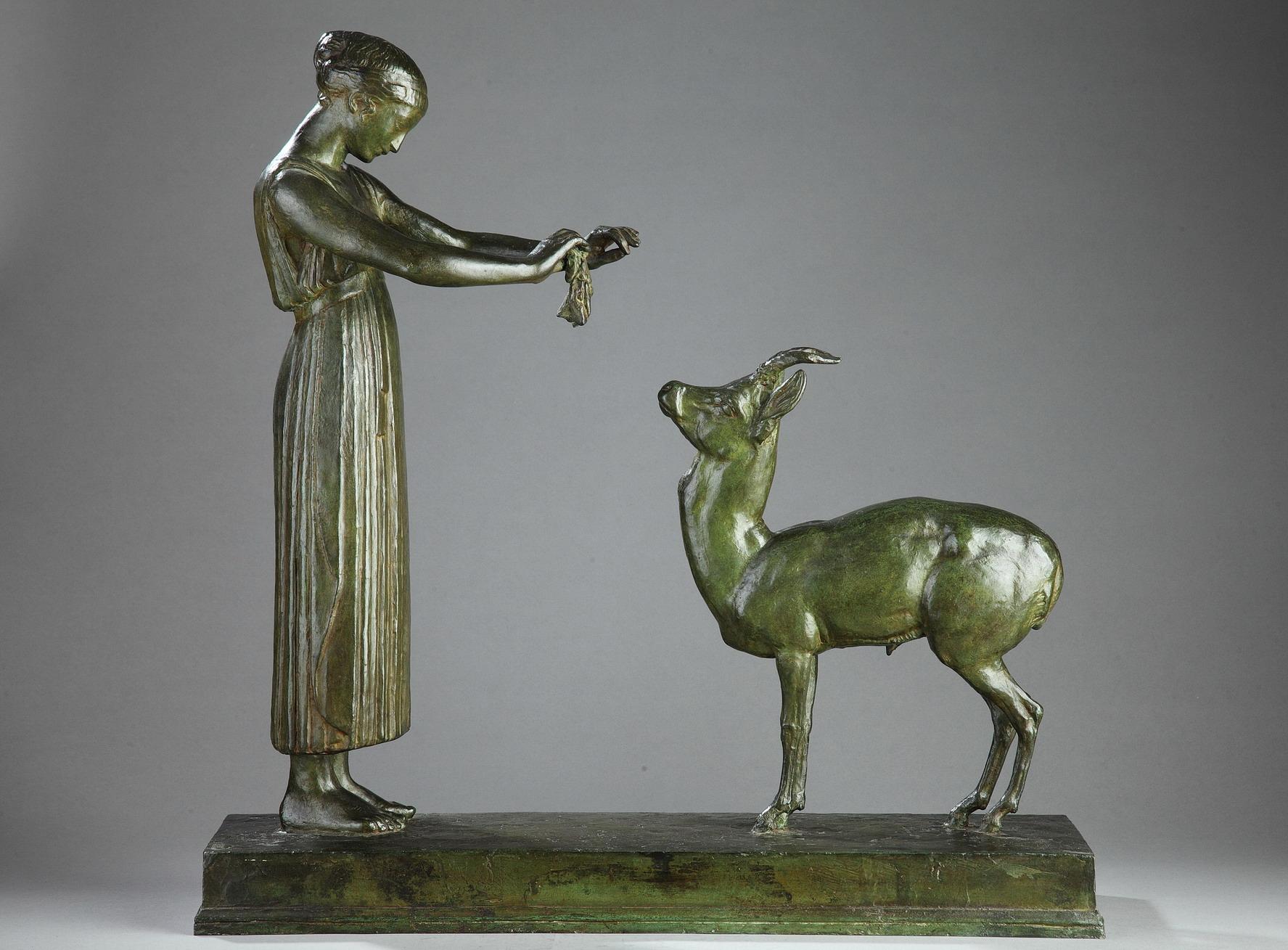 Henri Bouchard Figurative Sculpture - Woman and Gazelle, bronze sculpture