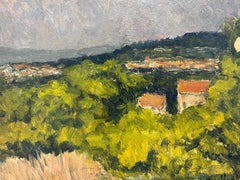1950#s French Impressionist Signed Oil Painting Green Landscape Red Roofs