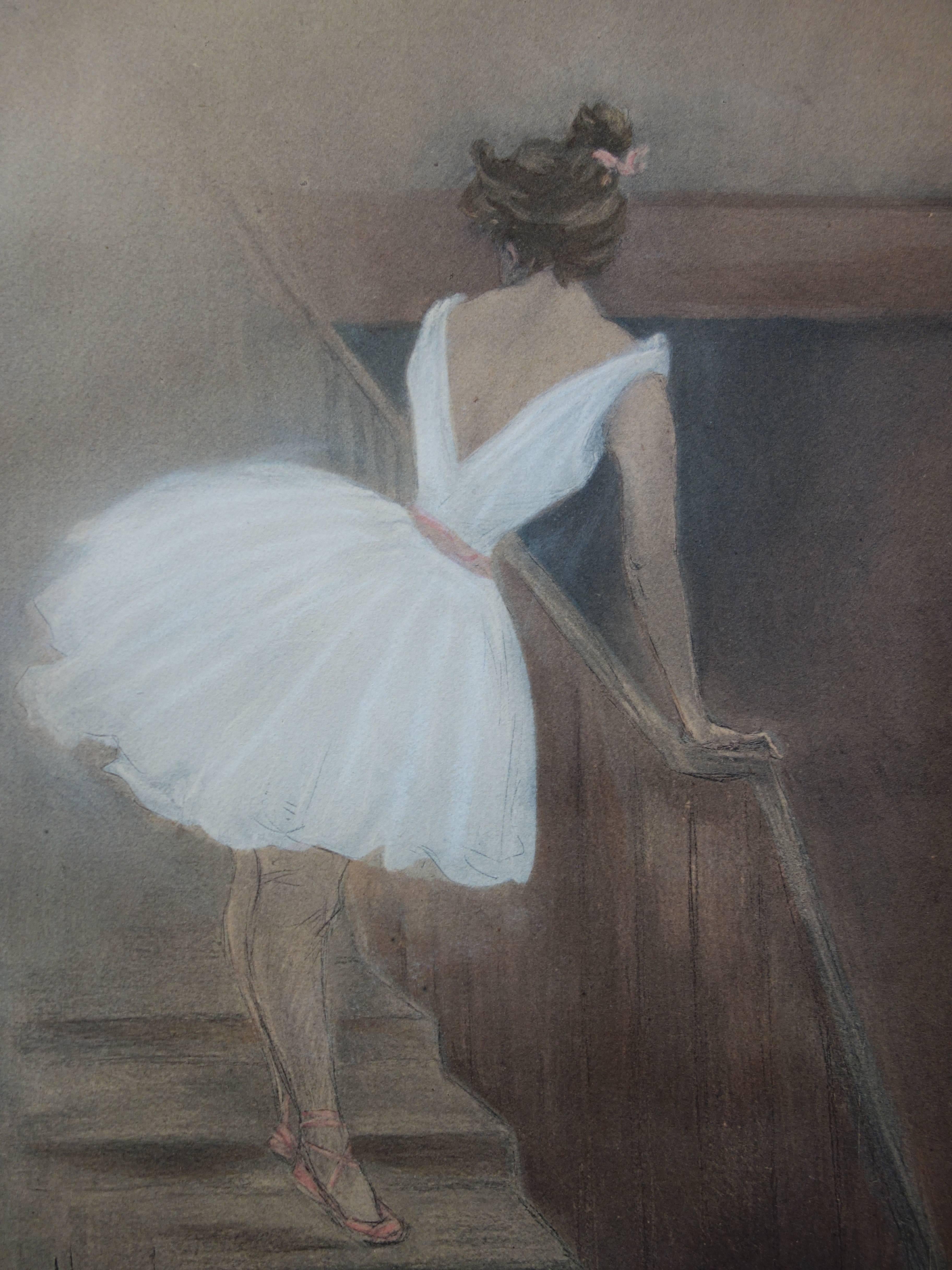 Ballerina in the Stairs - Original lithograph (1897/98) - Gray Figurative Print by Henri Boutet
