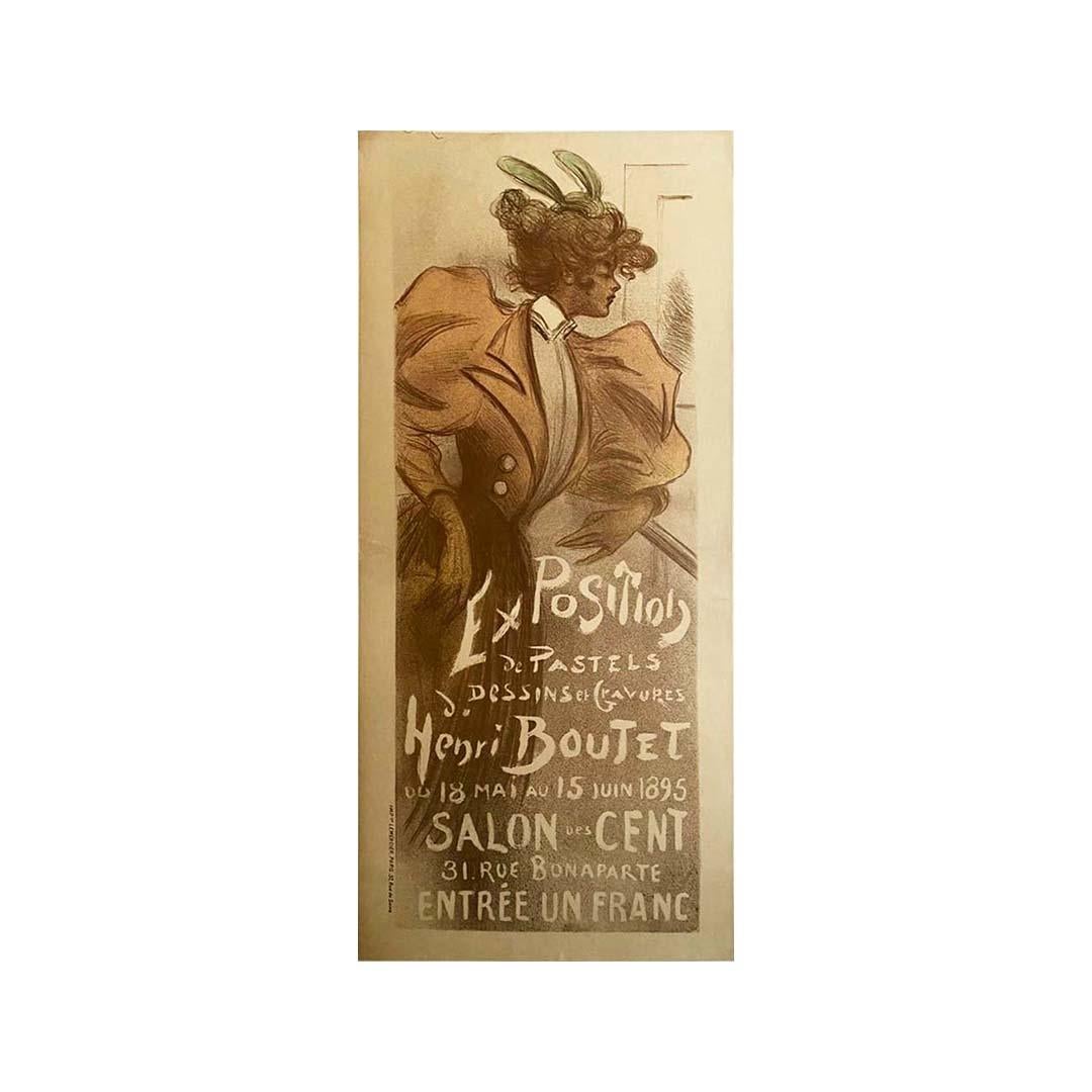 The original 1895 Art Nouveau poster for Henri Boutet's exhibition of pastels and engravings at the Salon des Cent is a true work of art in itself. Created by the artist himself, this poster perfectly embodies the flourishing aesthetic of the Art