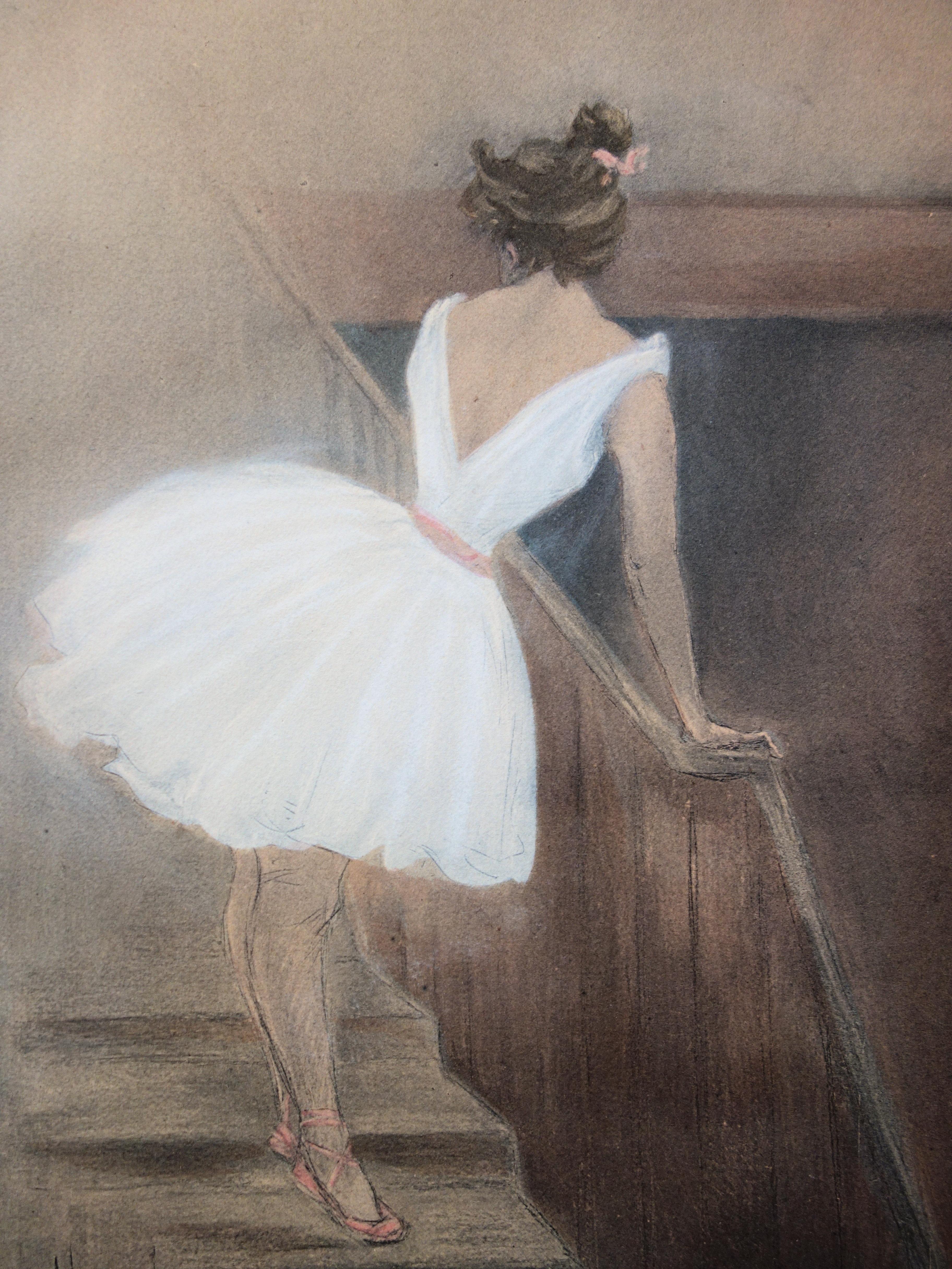 Ópera de París : Bailarina en la Escalera - Litografía original 1897 en venta 1