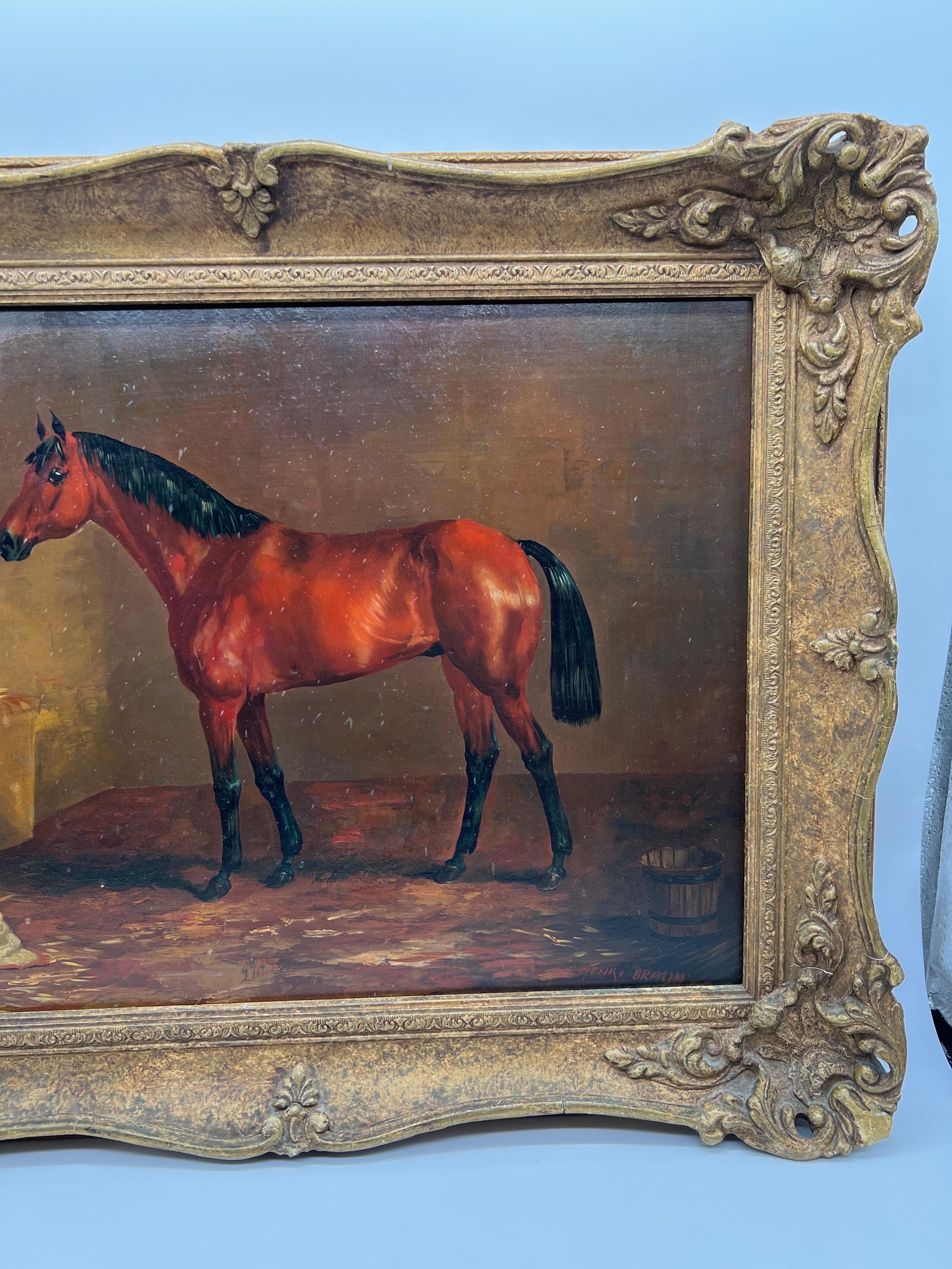 French Henri Braun, Equestrian Race Horse in Stable Oil on Board C. 1905 For Sale