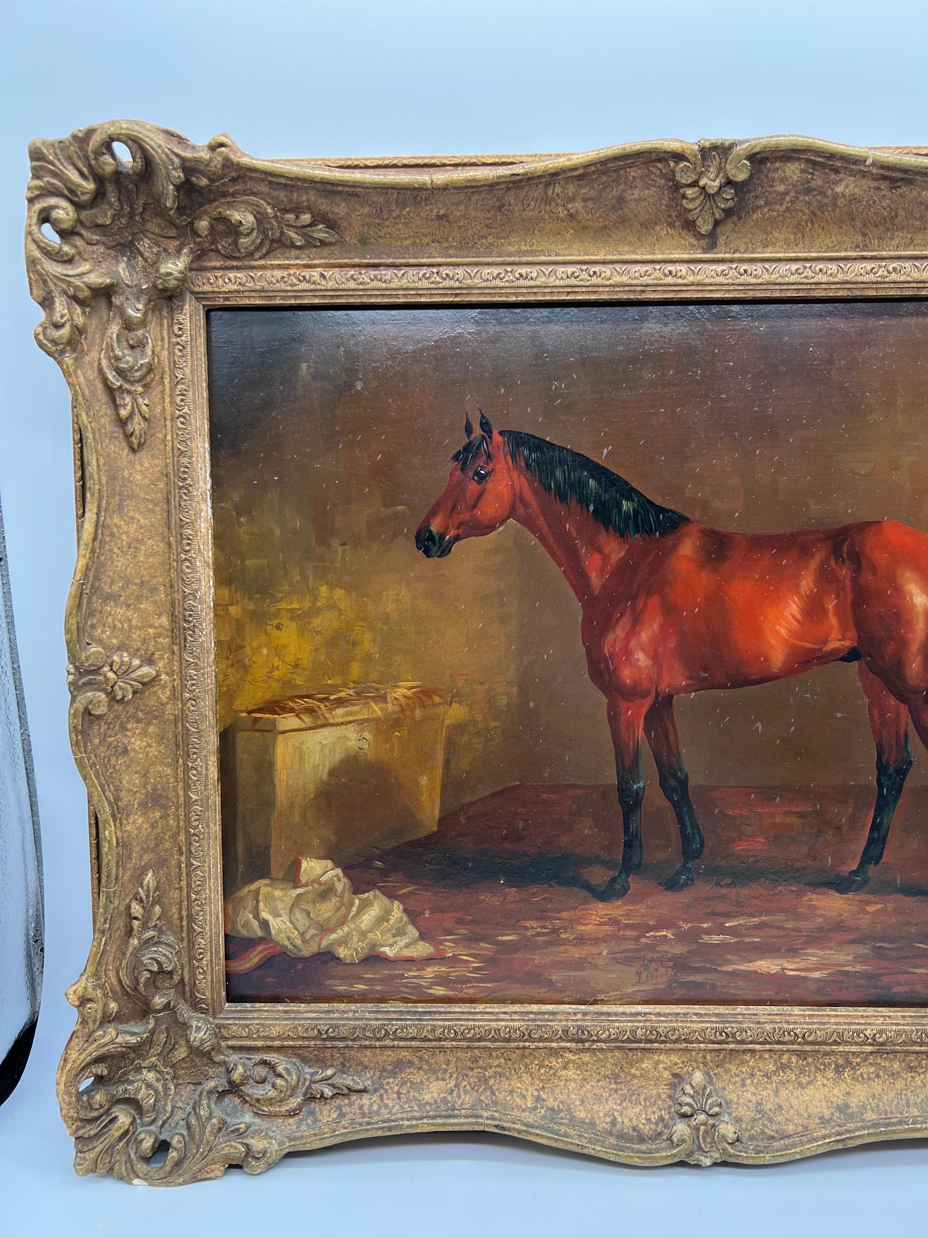 Henri Braun, Equestrian Race Horse in Stable Oil on Board C. 1905 In Good Condition For Sale In Atlanta, GA