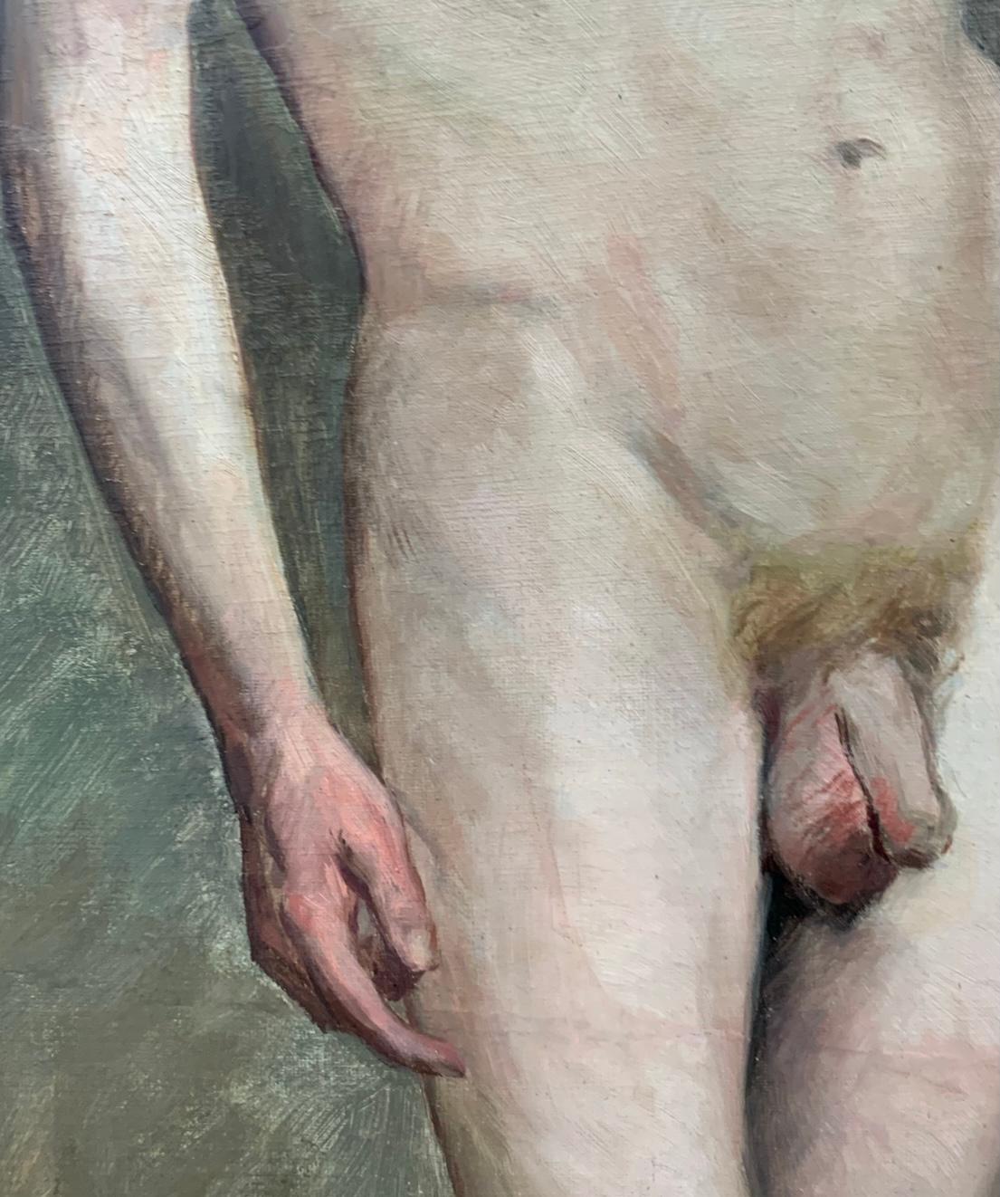 Antique Male Academic nude painting Henri Brugnot with exposition label (1st prize).
by Henri Brugnot (1874-1940)

Oil on canvas board
15