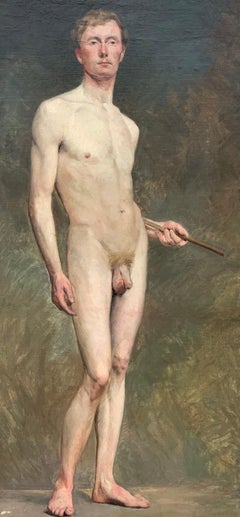 Antiguo cuadro de desnudo académico masculino Henri Brugnot Etiqueta de la exposición 1er premio