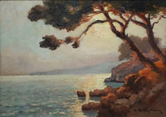 Sunset on the Sea, Original Antique Oil on Wood, Impressionnist French