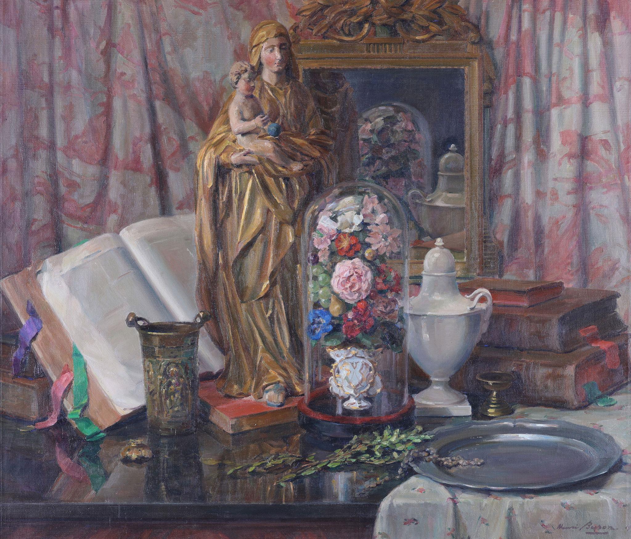 A Still Life of the Madonna, Flowers and a China Pot - Painting by Henri Buron