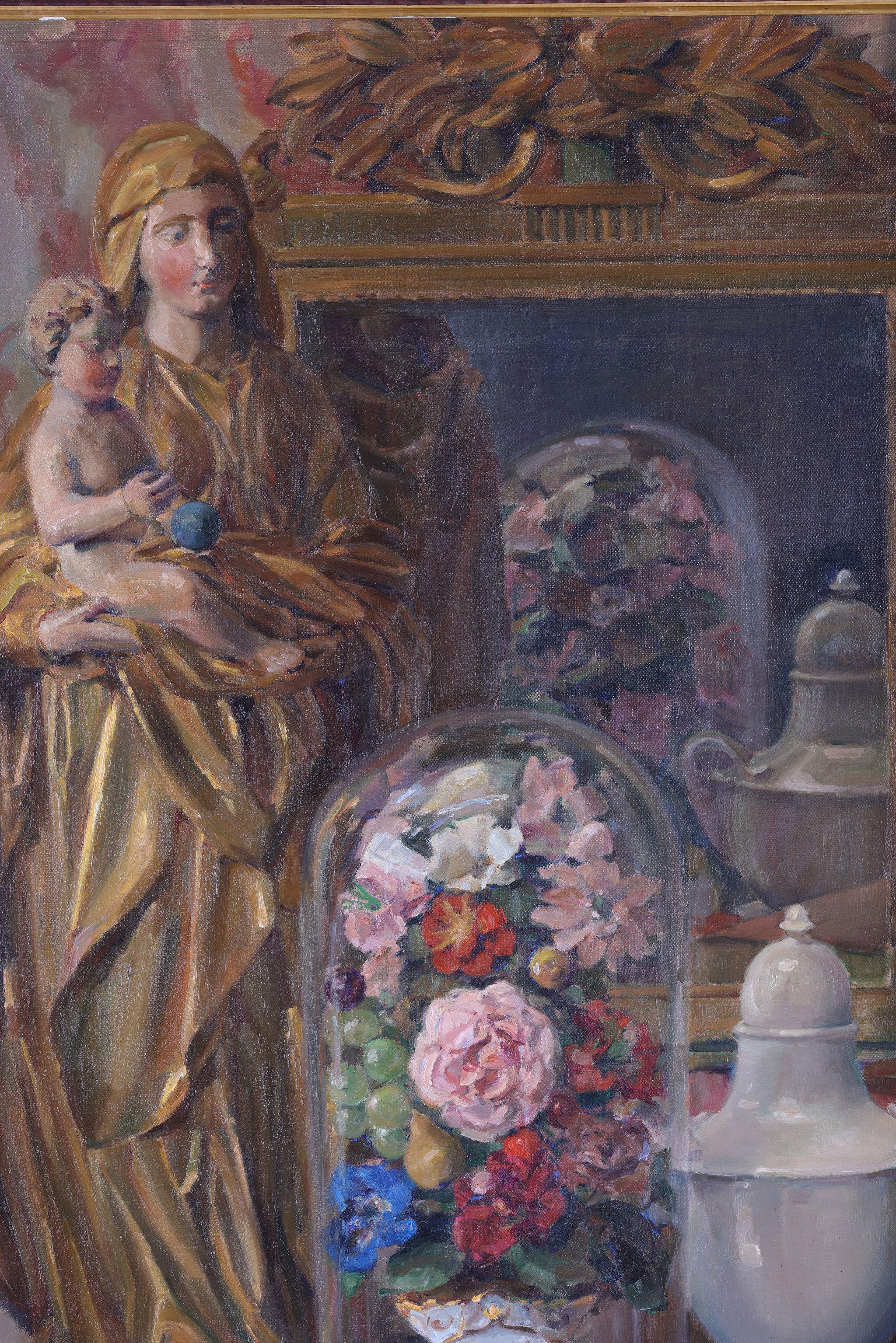 A Still Life of the Madonna, Flowers and a China Pot - Impressionist Painting by Henri Buron