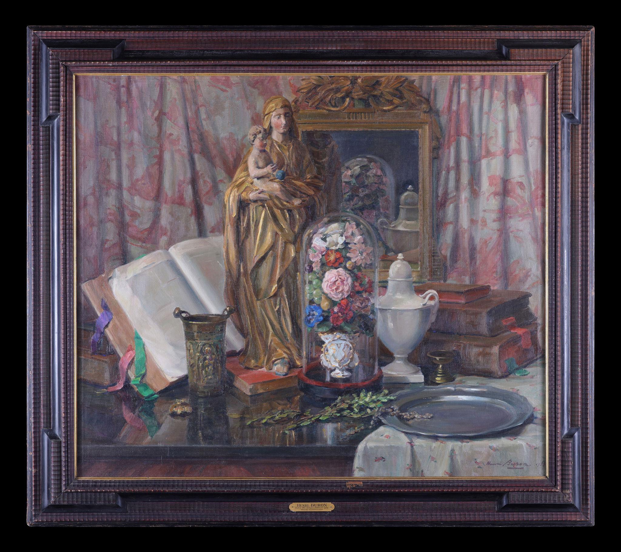 Henri Buron Interior Painting – Ein Stillleben der Madonna, Blumen und ein Porzellantopf