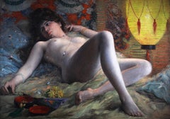 Oil On Canvas "nude With A Fan" Attribution Henri-camille Danger (1857-1937)