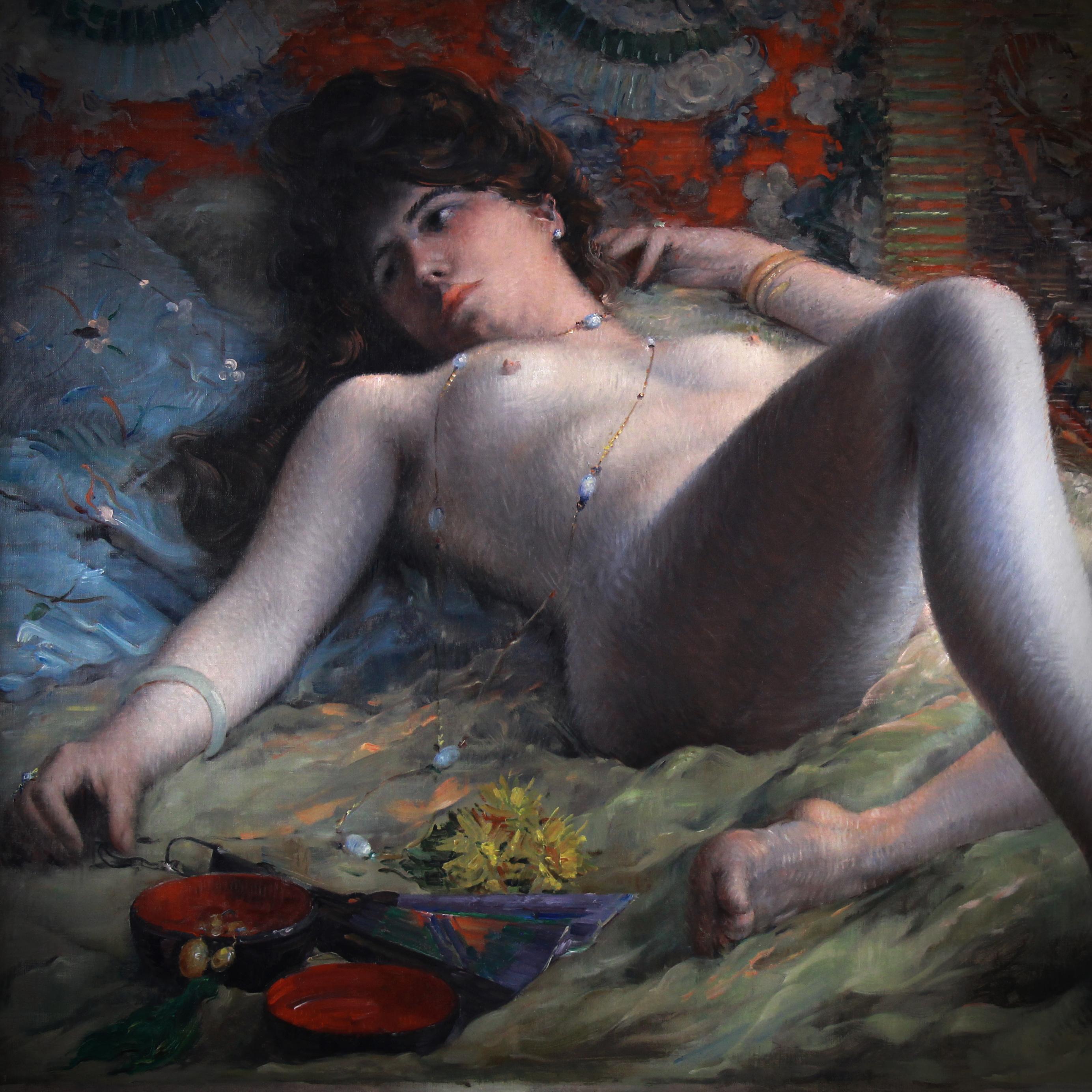 Ölgemälde auf Leinwand „Nackt mit Fächern“ Attribution Henri-camille Danger (1857-1937) (Französische Schule), Painting, von Henri-camille Danger ( 1857-1937 )