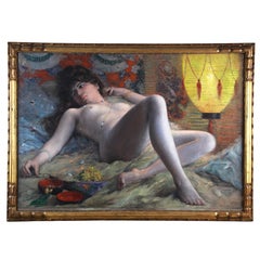 Oil On Canvas "nude With A Fan" Attribution Henri-camille Danger (1857-1937)