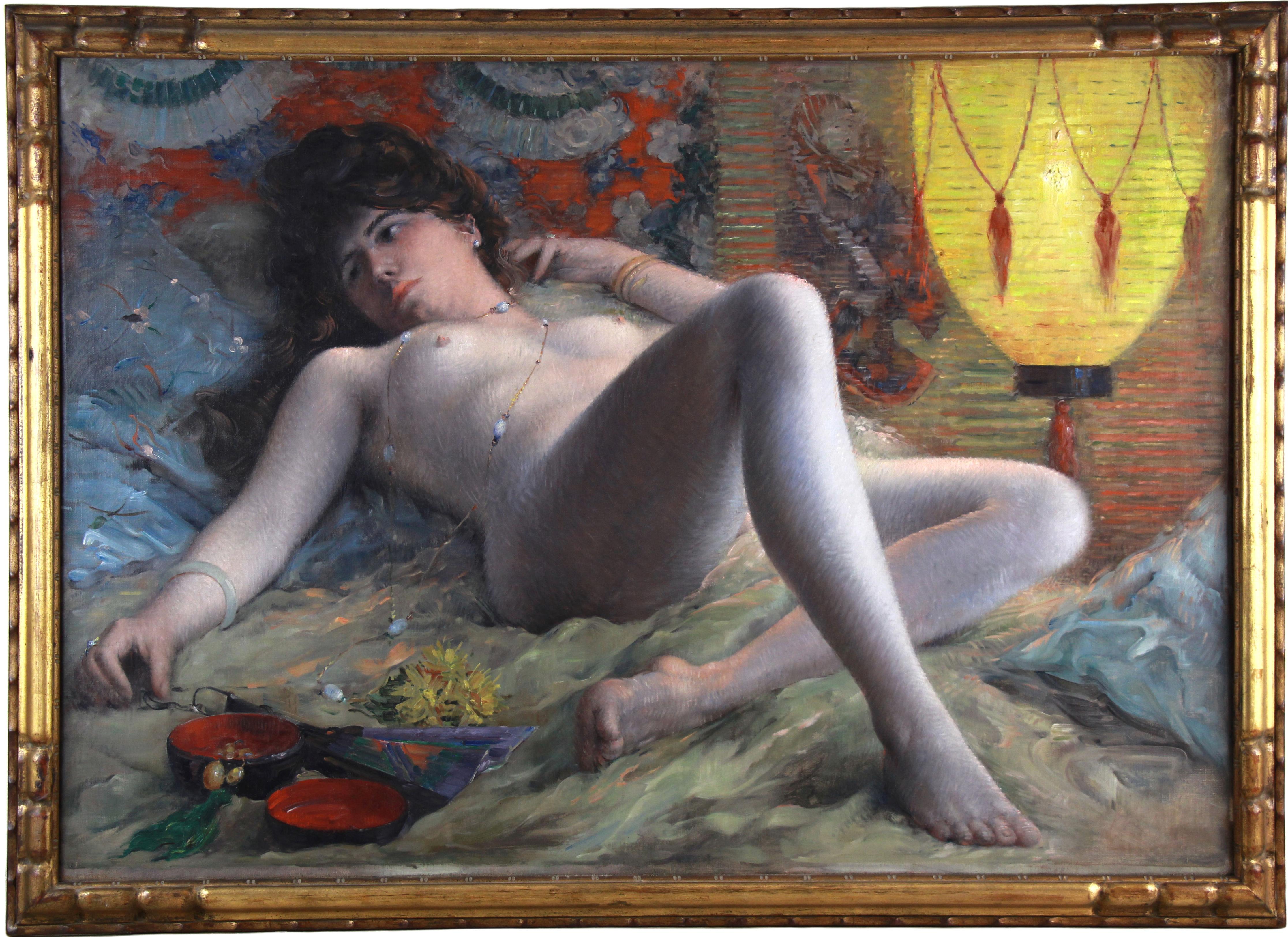 Henri-camille Danger ( 1857-1937 ) Nude Painting - Oil On Canvas "nude With A Fan" Attribution Henri-camille Danger (1857-1937)