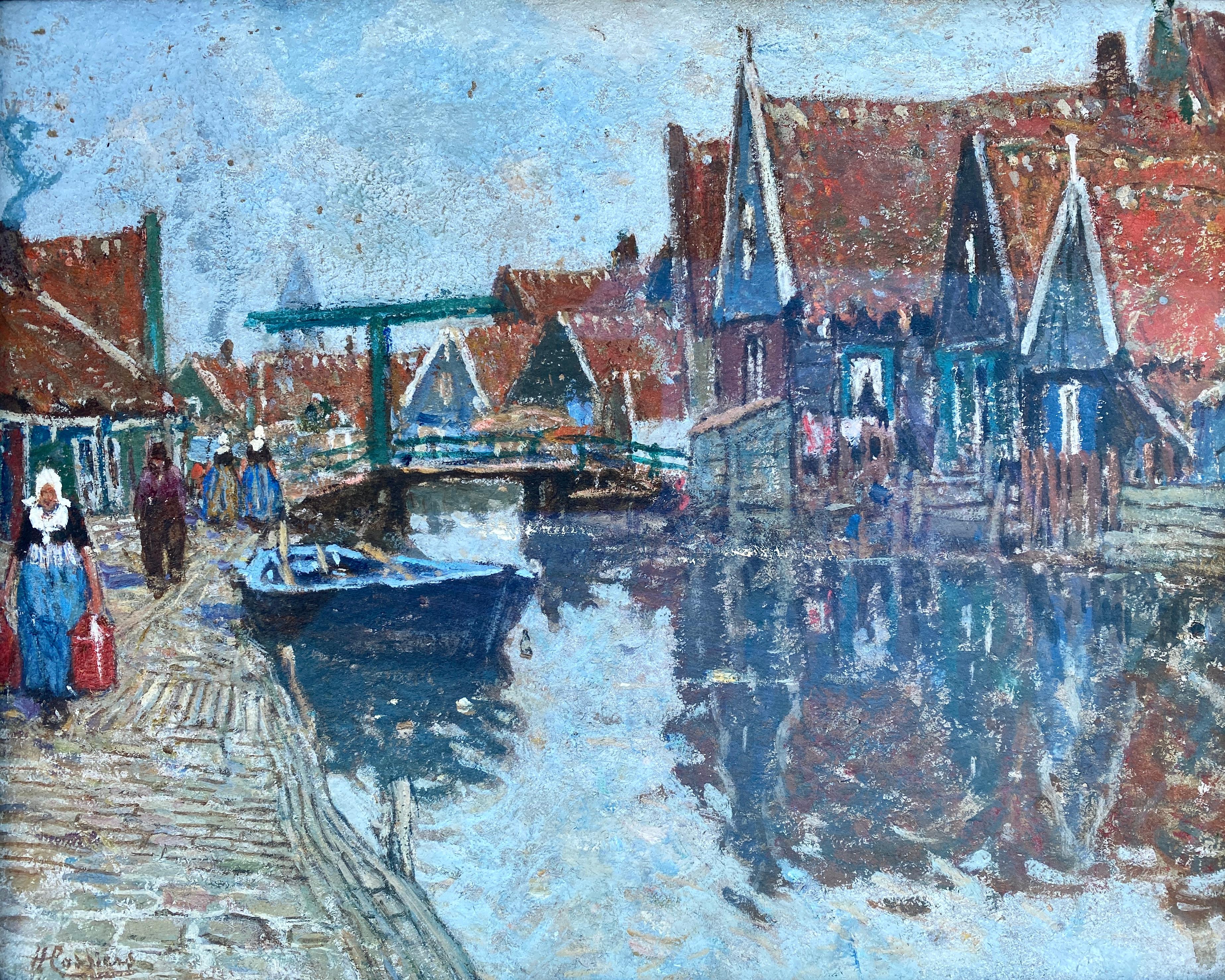 Henri Cassiers, Anversa 1858 - 1944 Ixelles, pittore belga, Scena di un villaggio in vendita 1