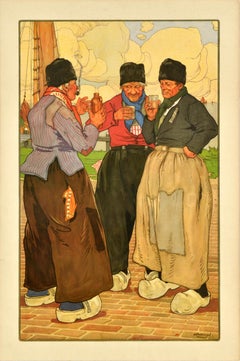Affiche de voyage d'origine Henri Cassiers Fishermen, Belgique, port néerlandais
