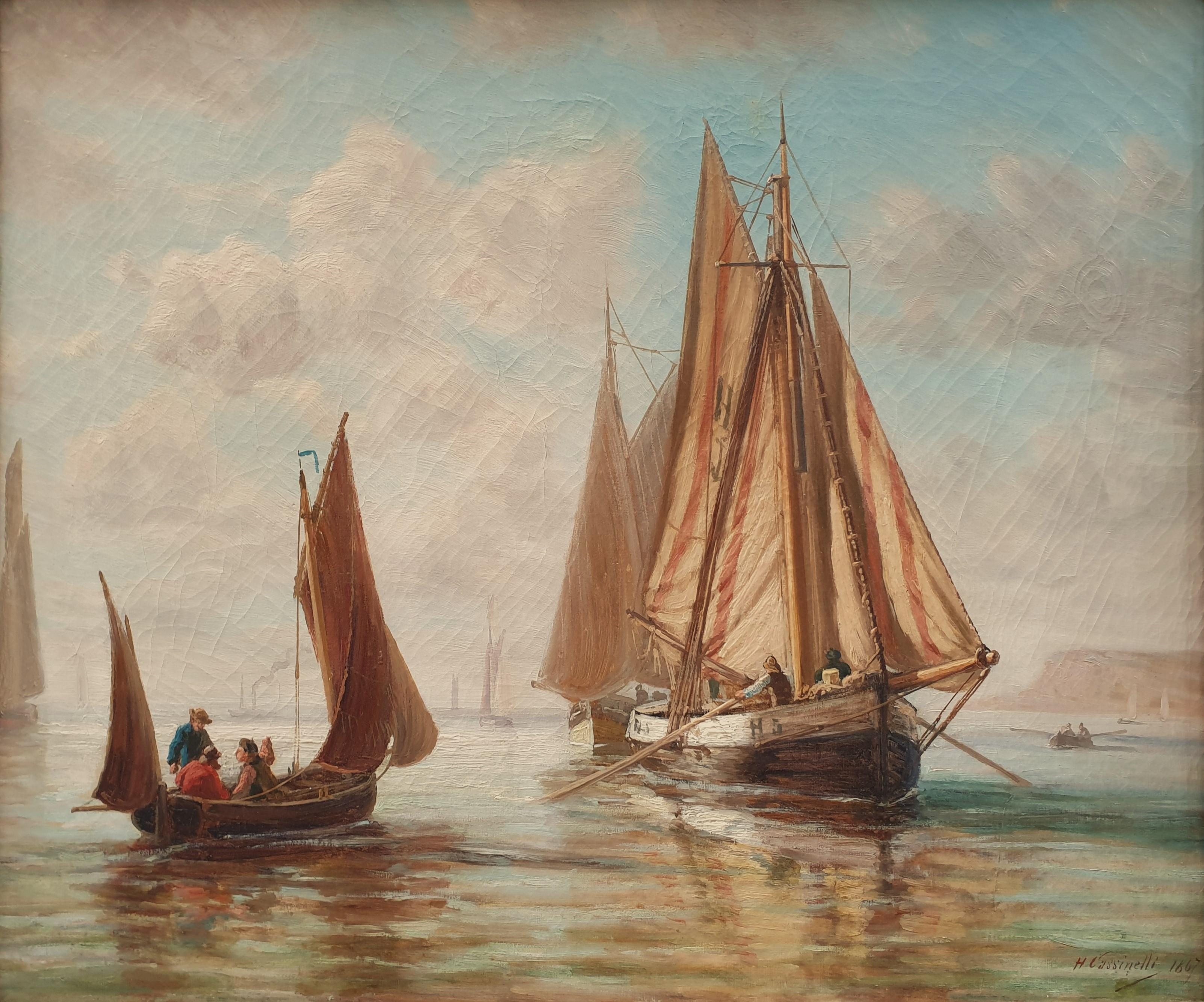 CASSINELLI friend BOUDIN Marine Boats Normandy Honfleur Impressionnist 19th - Painting by Henri CASSINELLI