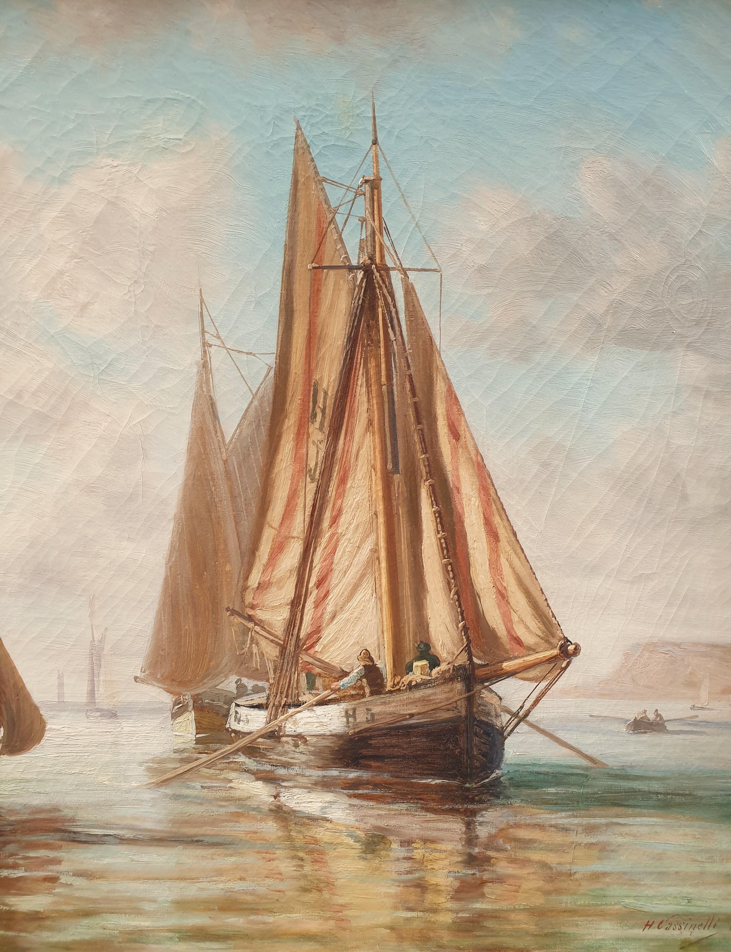 CASSINELLI ami BOUDIN Bateaux de marine Normandie Honfleur Impressionniste 19e - Marron Landscape Painting par Henri CASSINELLI