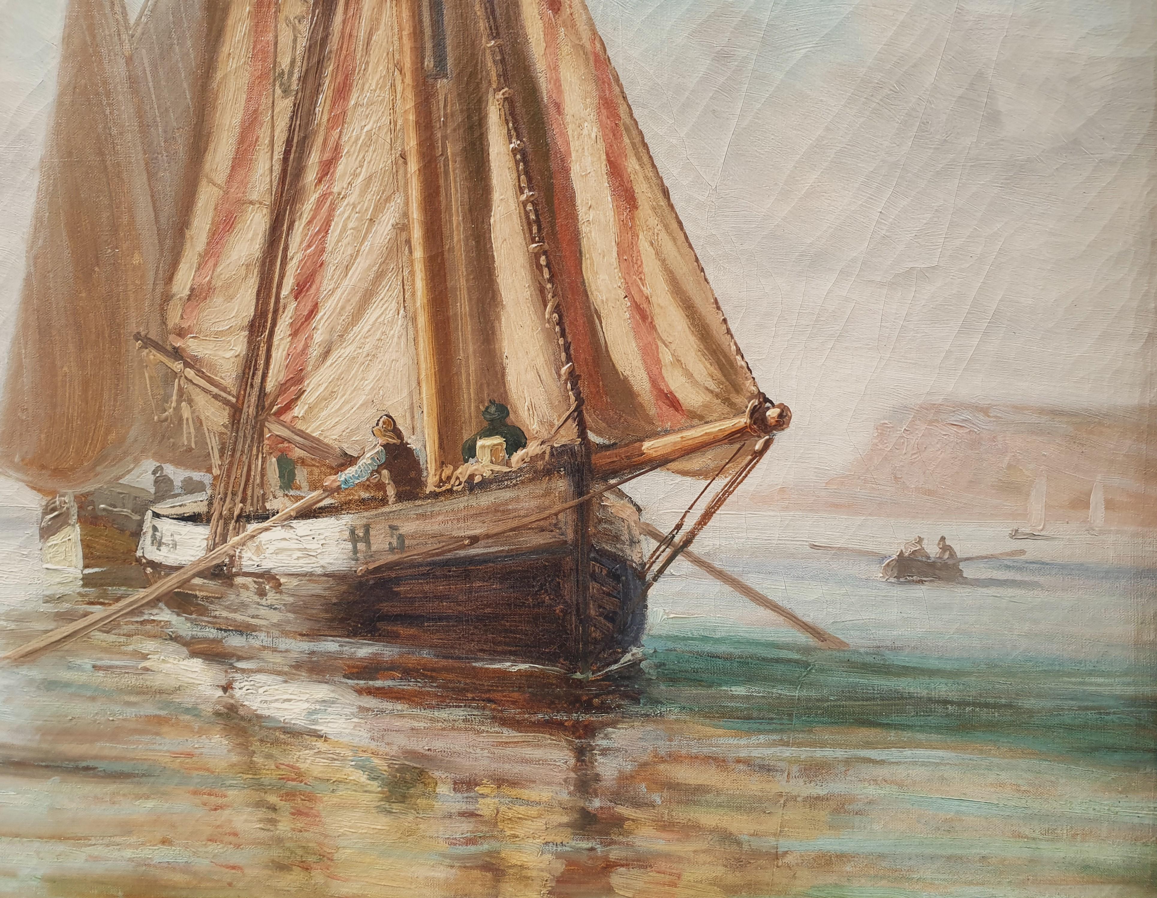 CASSINELLI friend BOUDIN Marine Boats Normandy Honfleur Impressionnist 19th - Brown Landscape Painting by Henri CASSINELLI