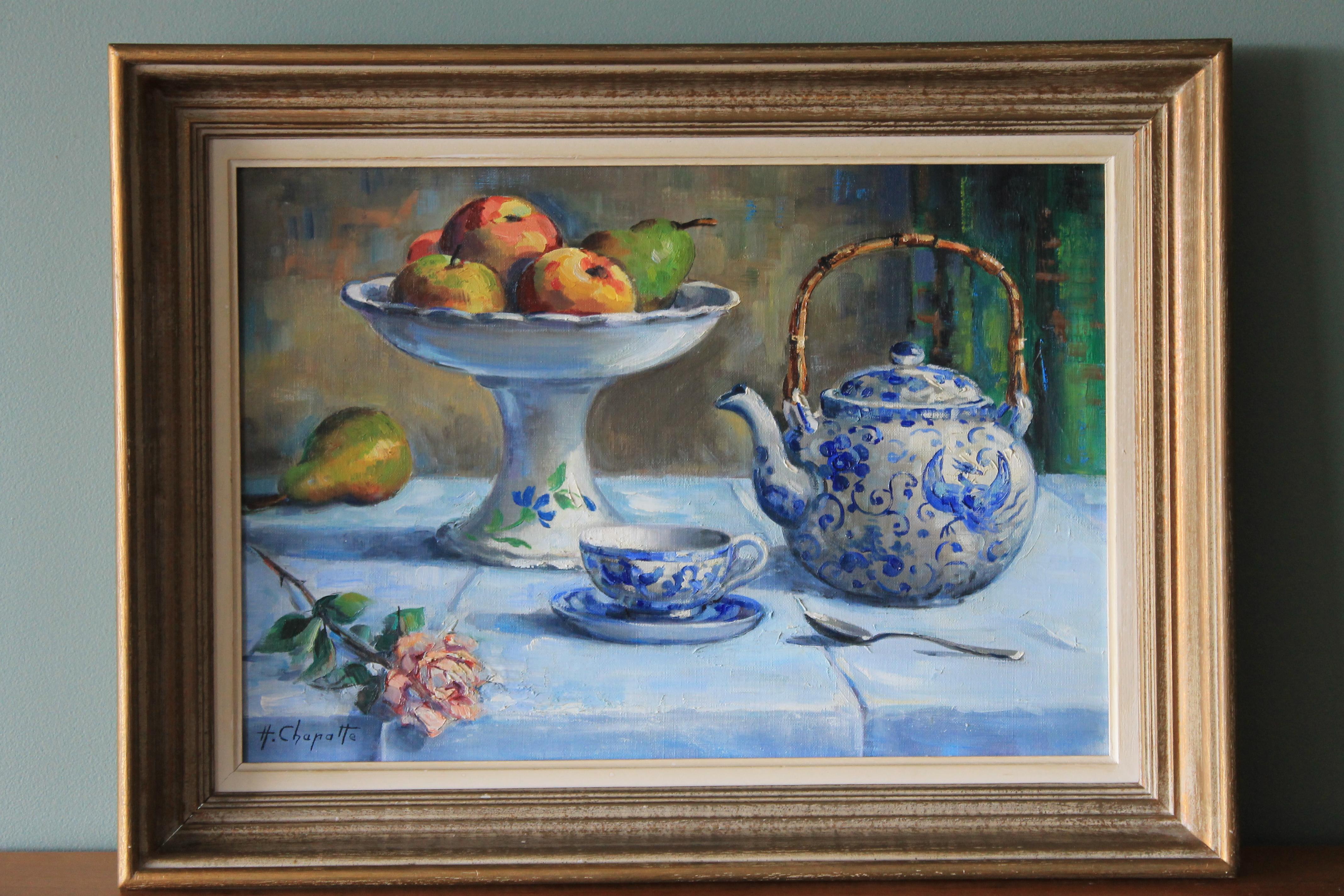 Vintage still life oil painting by French artist Henri Chapatte (1918-1997) 1
