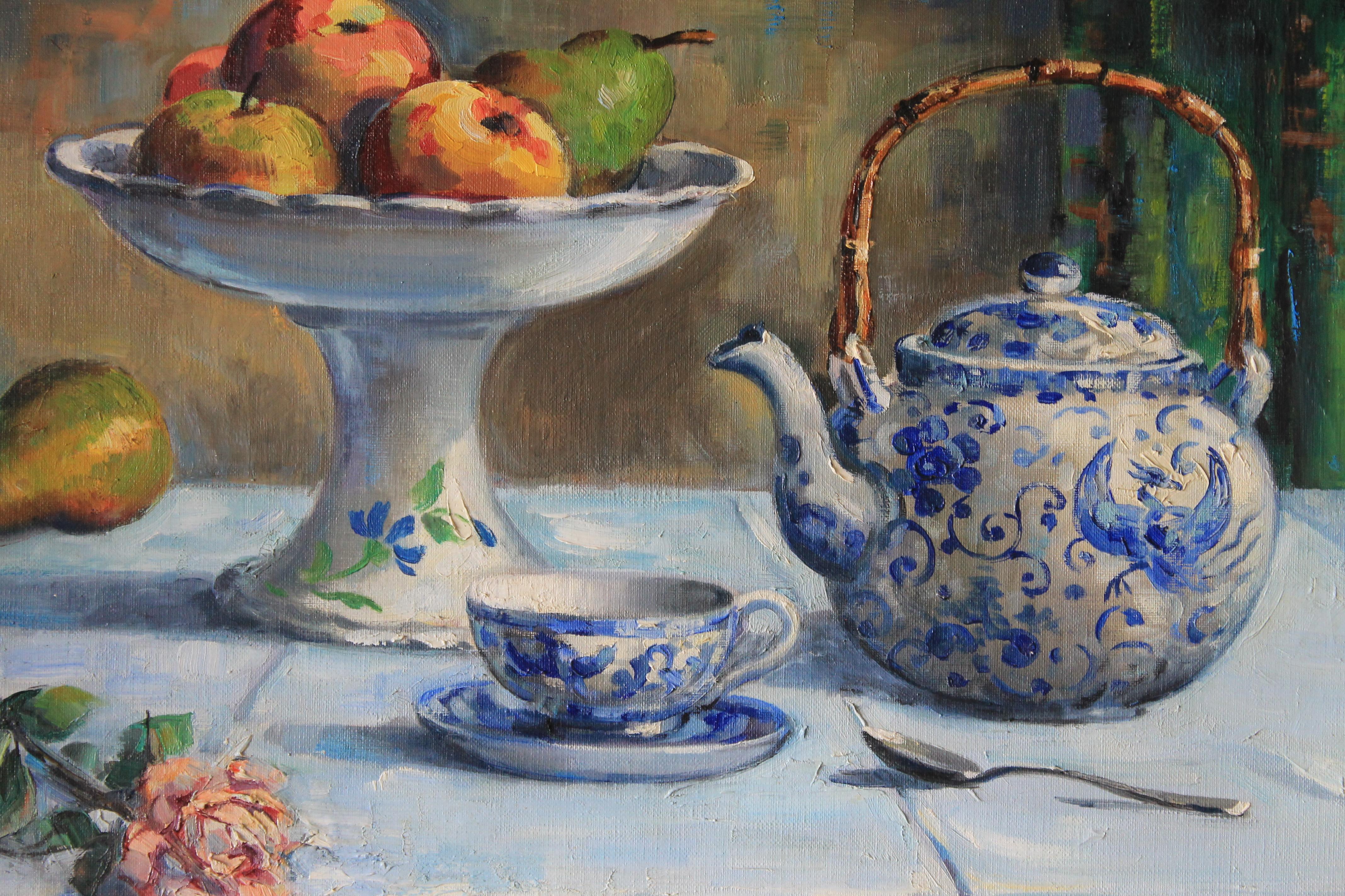 Eye catching still life of a blue and white porcelain tea pot with a bamboo handle, cup and saucer to match, fruit bowl and pear, not forgetting a pretty pink rose, signed in the lower left corner.  This eclectic oil on canvas is busy and
