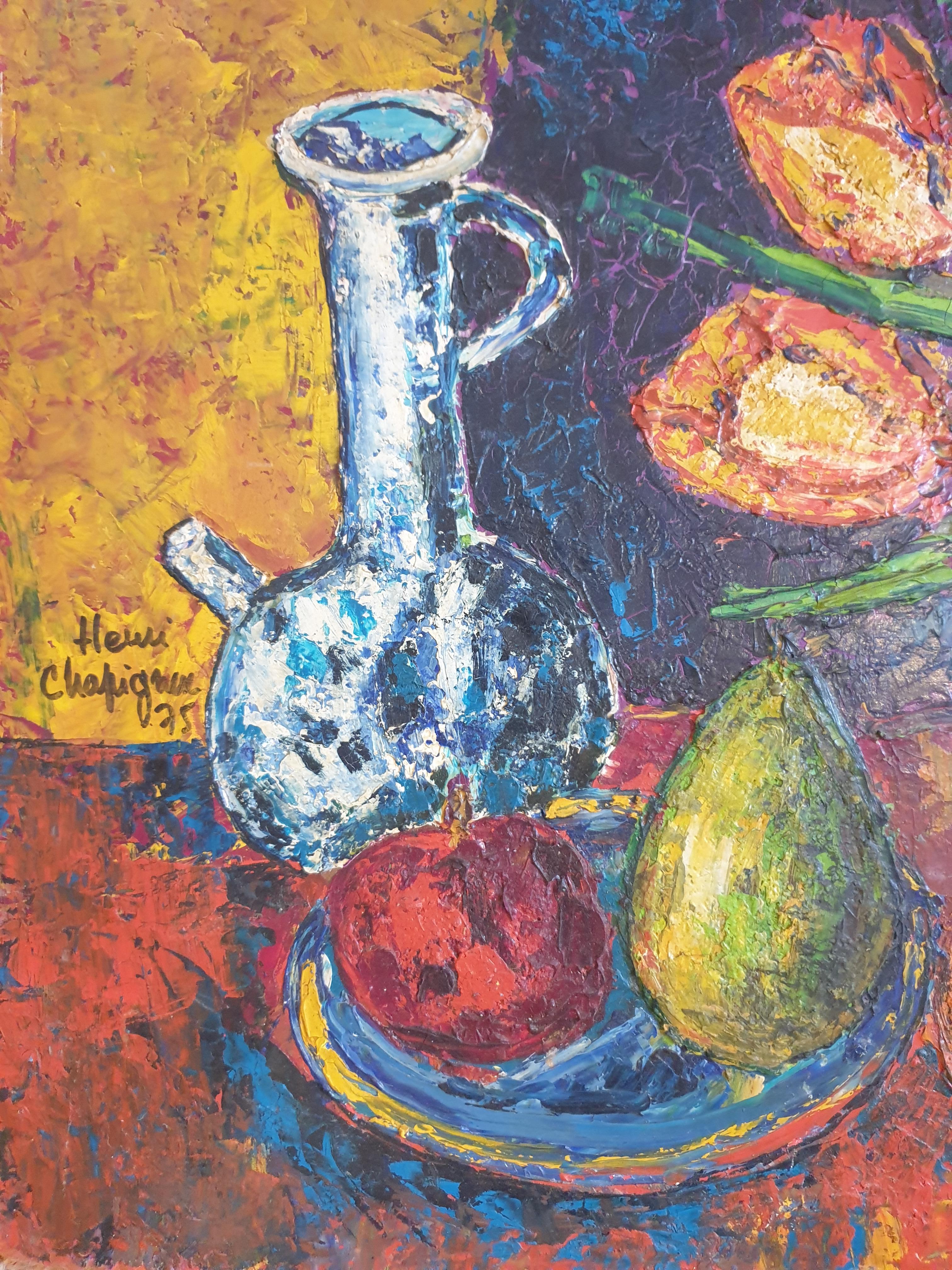 Colourful French Oil on Board Tablescape. Tulips, Carafe and Three Fruits.  For Sale 8