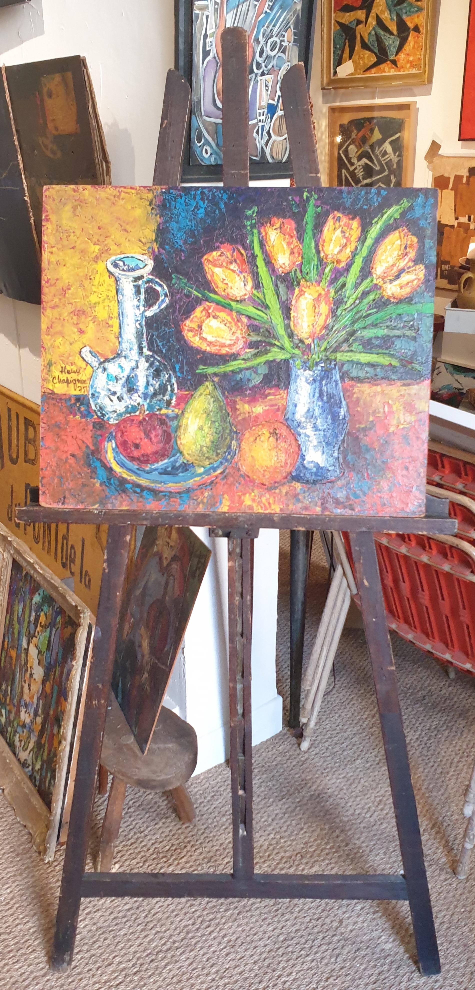 Colourful French Oil on Board Tablescape. Tulips, Carafe and Three Fruits.  For Sale 1
