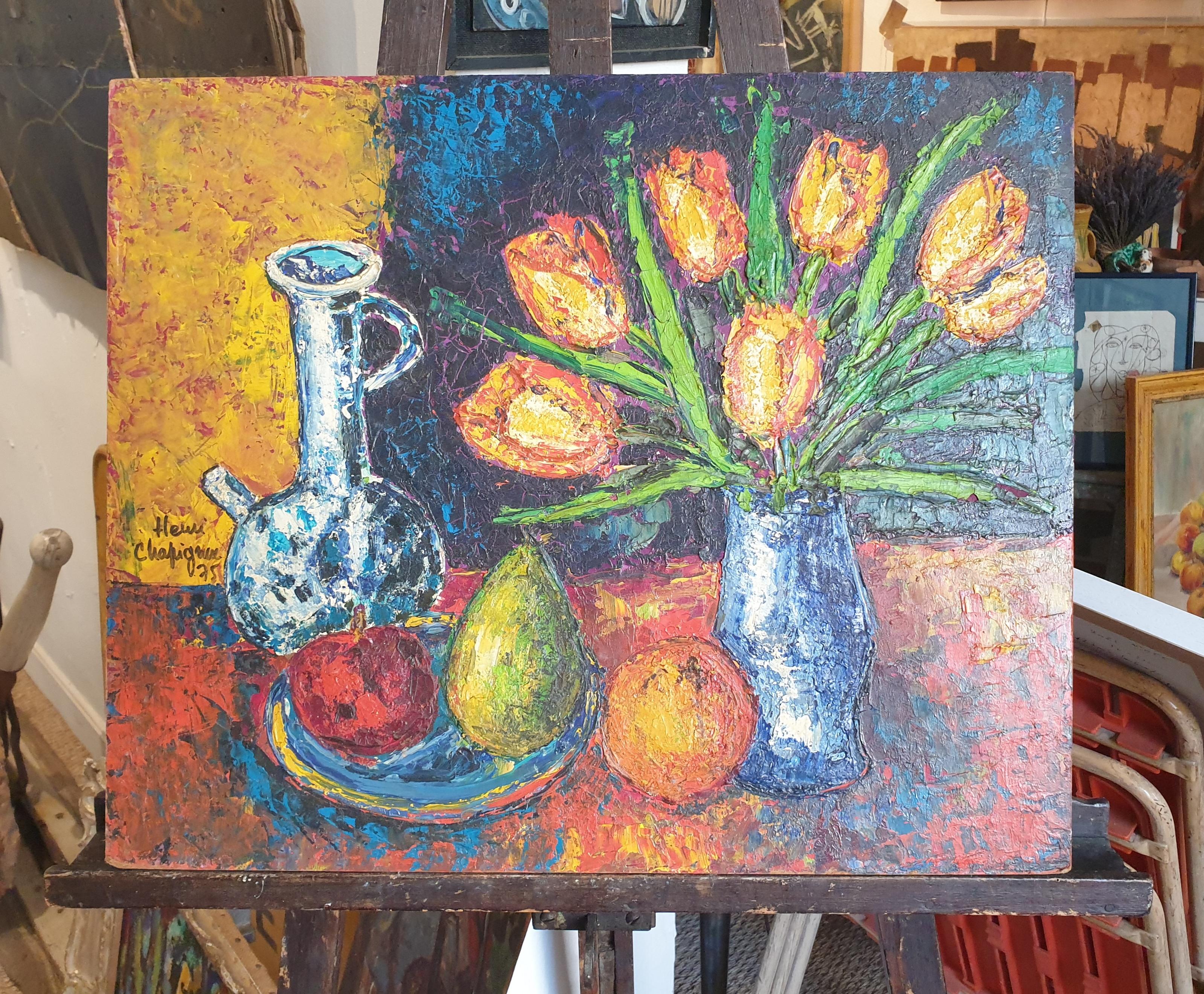 Colourful French Oil on Board Tablescape. Tulips, Carafe and Three Fruits.  For Sale 2