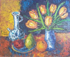 Bunte französische Ölgemälde auf Karton-Tischlandschaft. Tulpen, Karaffe und drei Früchte.