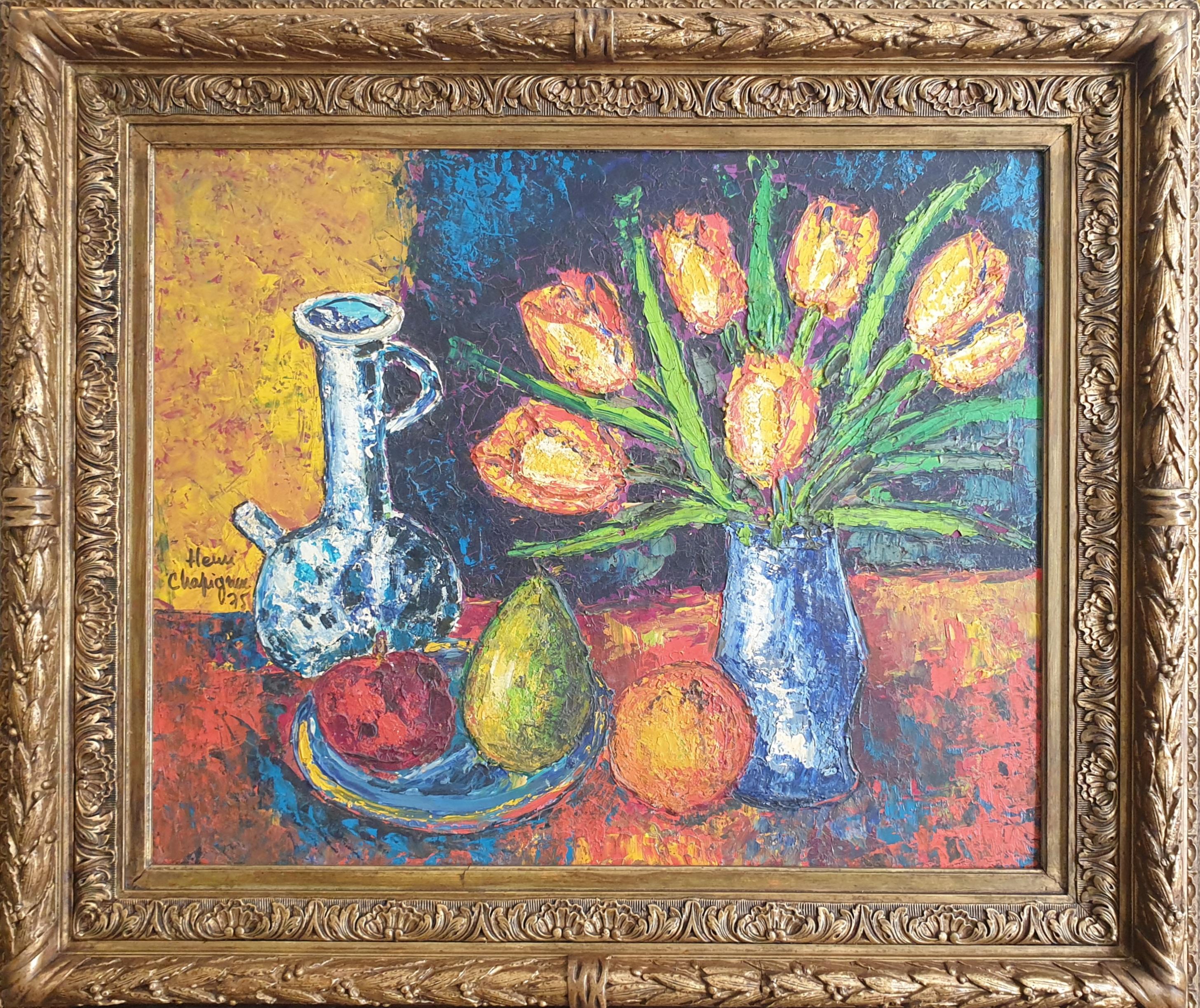 Henri Chapignue Still-Life Painting - Colourful French Oil on Board Tablescape. Tulips, Carafe and Three Fruits. 