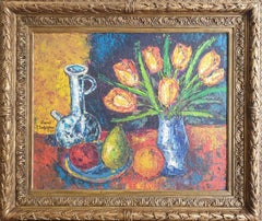 Vintage Colourful French Oil on Board Tablescape. Tulips, Carafe and Three Fruits. 