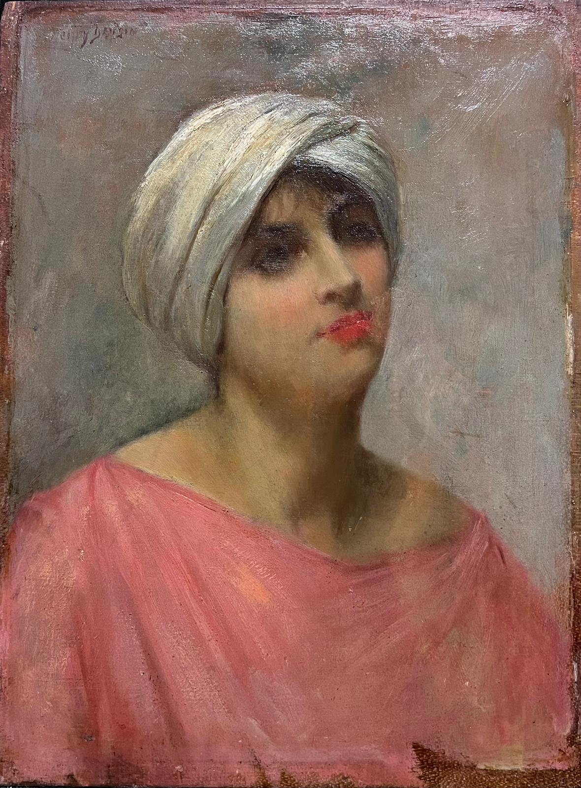 Portrait of a Young Lady wearing pink and a Turban headpiece
by Henri-Charles Daudin (1864-1917, French)
signed oil on wood panel, unframed
board: 14 x 10.5 inches
provenance: private collection, UK
condition: very good and sound condition, shabby