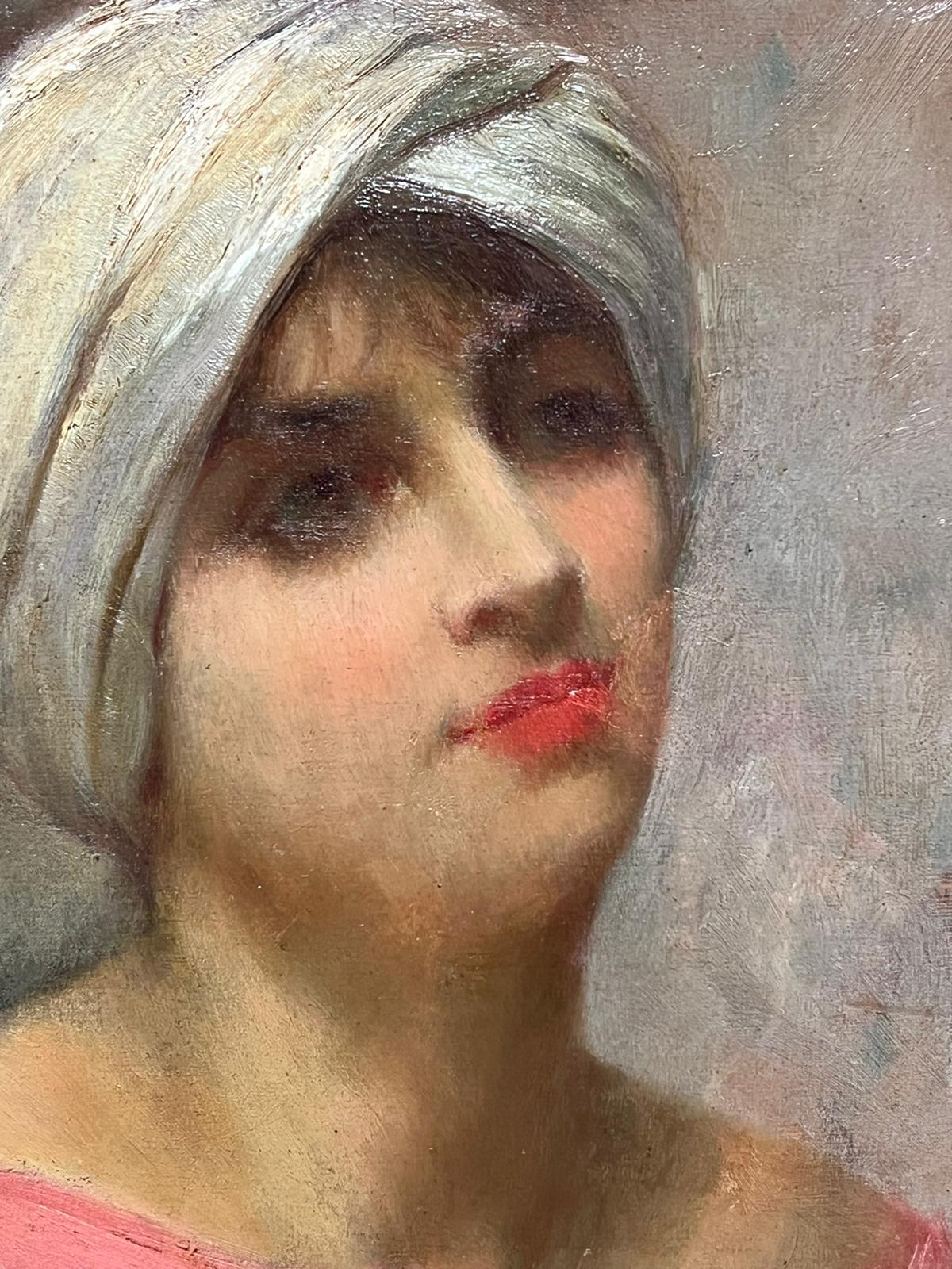 Portrait of a Young Lady wearing pink and a Turban headpiece
by Henri-Charles Daudin (1864-1917, French)
signed oil on wood panel, unframed
board: 14 x 10.5 inches
provenance: private collection, UK
condition: very good and sound condition, shabby