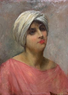 Fine peinture à l'huile française ancienne signée, portrait d'une jeune femme au turban