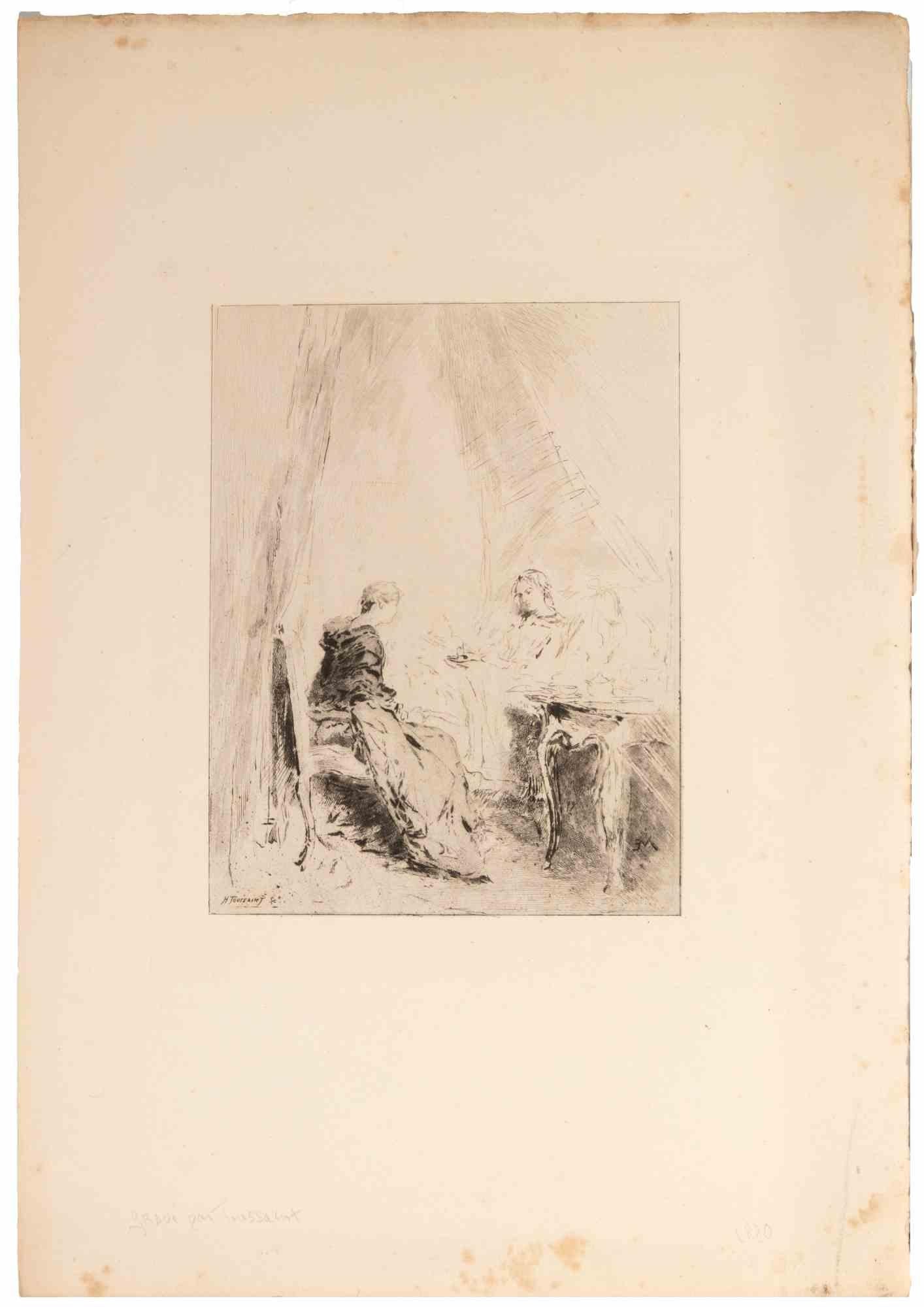Henri-Charles Toussaint Figurative Print - La Conversation - Etching by H.-C. Toussaint - 1880