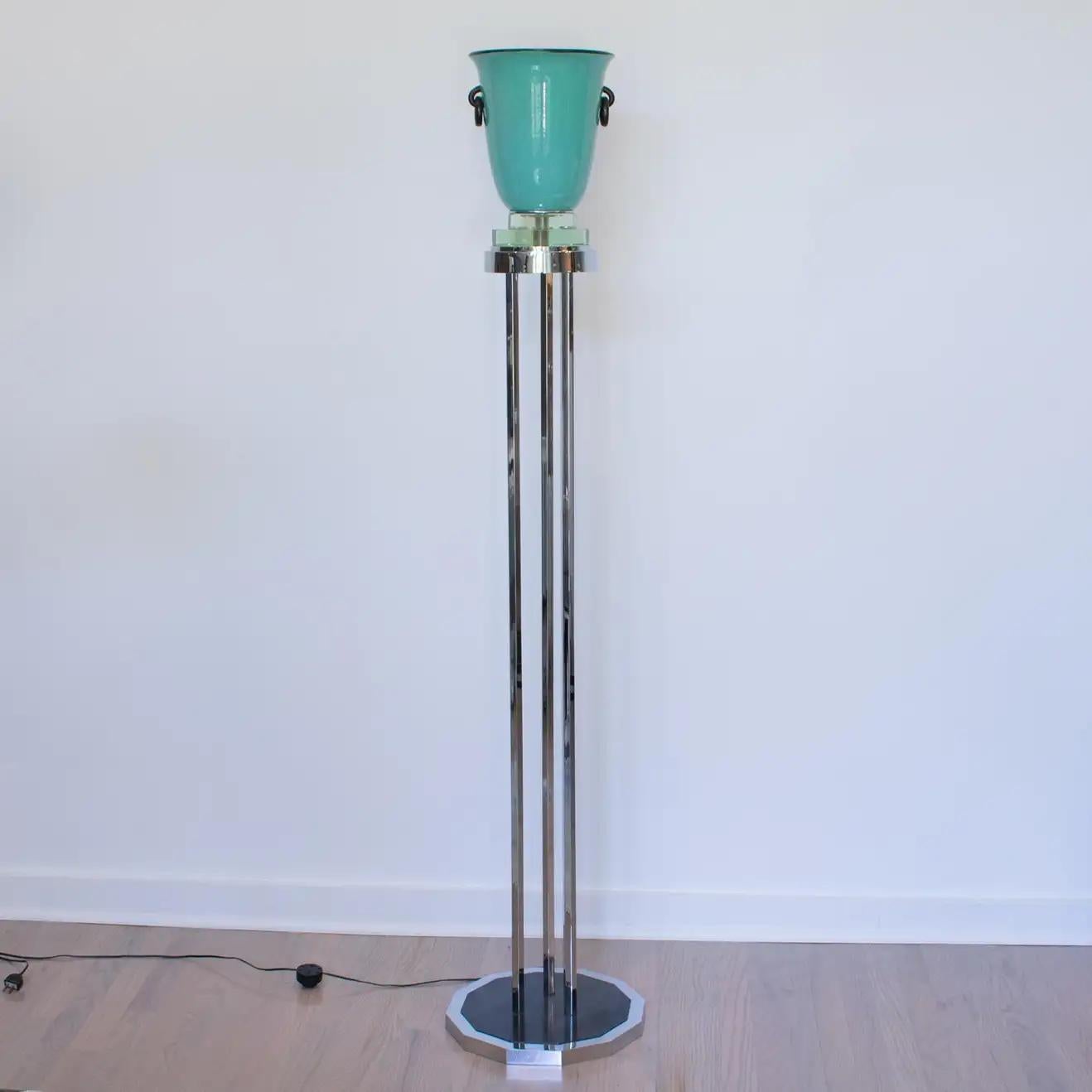 This beautiful and rare original French Art Deco chrome and ceramic uplight floor lamp or torchère (torchiere) was designed by Henri Chaumeil (1877-1944). It features a tall chromed metal base with three hexagonal poles and a faceted base in shiny