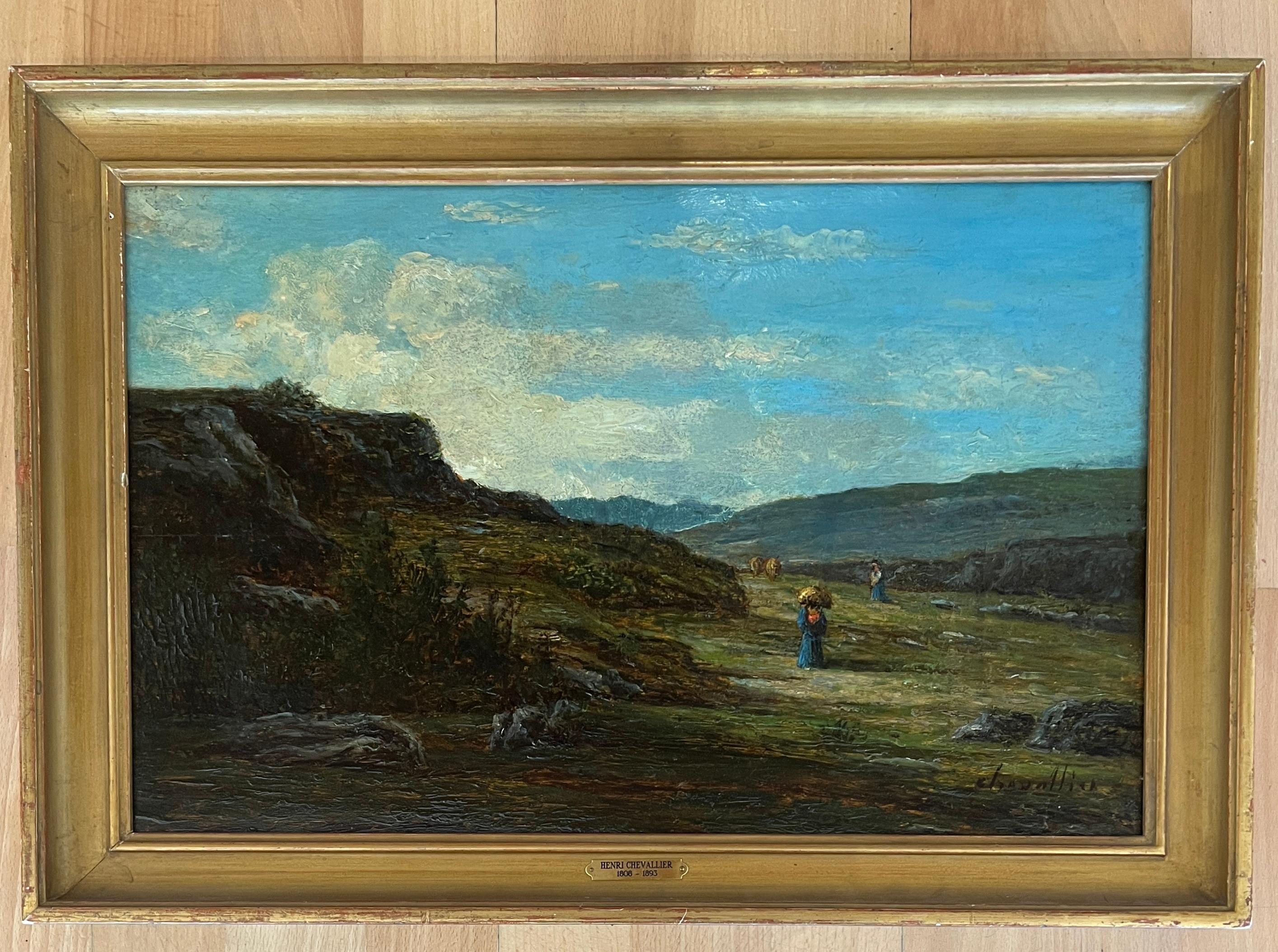 Paisaje alpino animado con personajes - Painting de Henri Chevallier