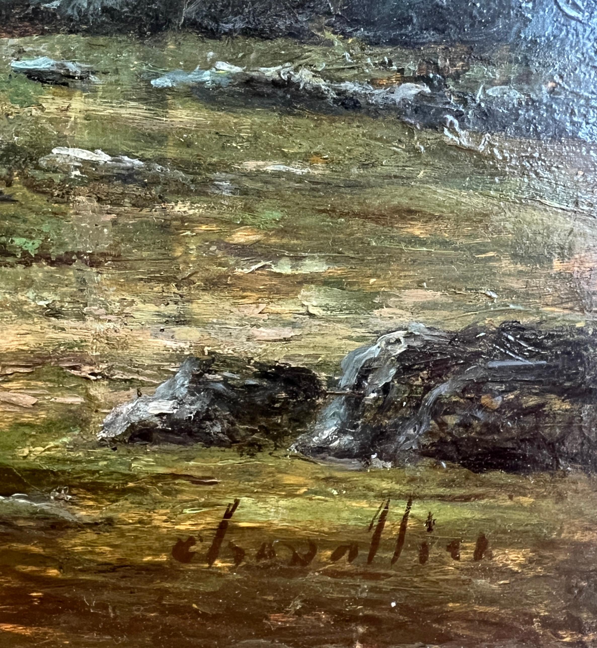 Paisaje alpino animado con personajes - Painting Escuela francesa de Henri Chevallier