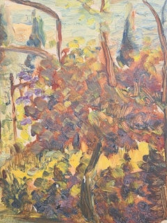 Olio impressionista francese del 1930 raffigurante un giardino e un paesaggio montano