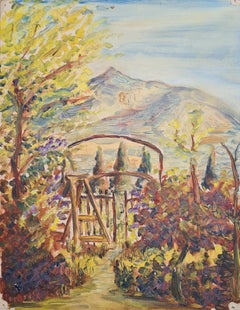Antique 1930s French Impressionist Oil of a Garden and Mountain Landscape